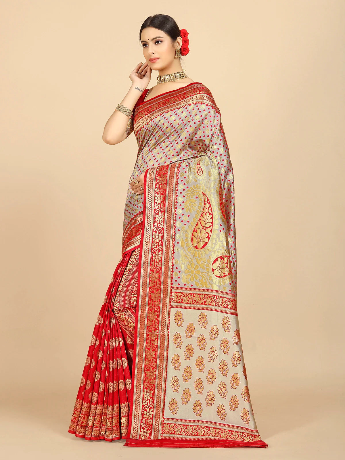 Buy Banarasi Silk Jacquard Saree With Blouse Piece-Beige