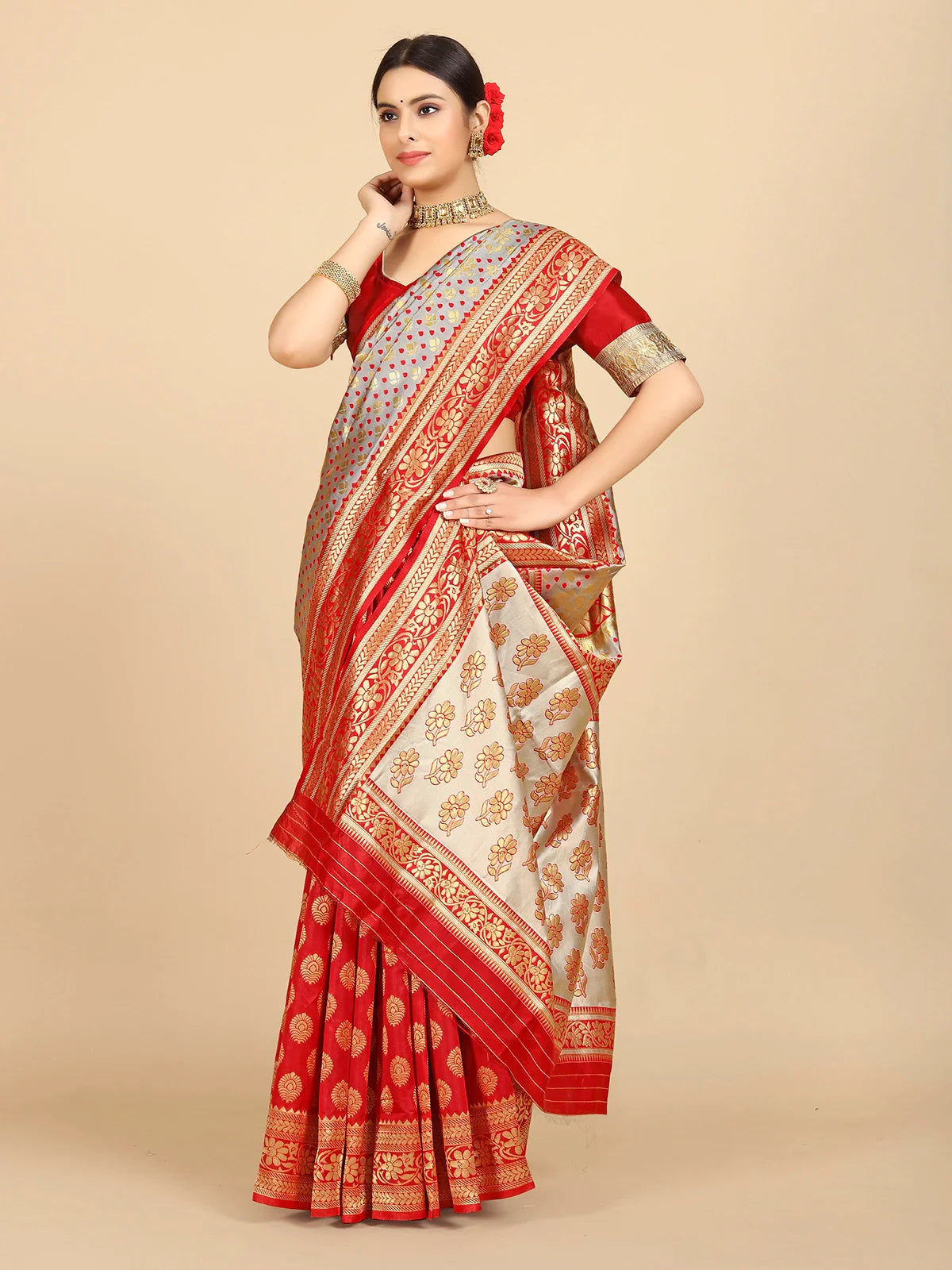 Buy Banarasi Silk Jacquard Saree With Blouse Piece-Beige