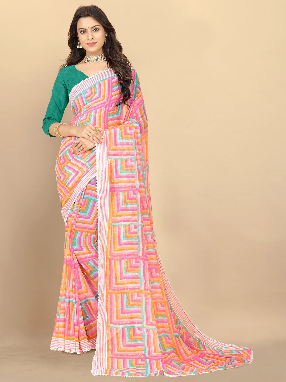 Buy Abstract Printed Georgette Saree With Blouse Piece-Pink