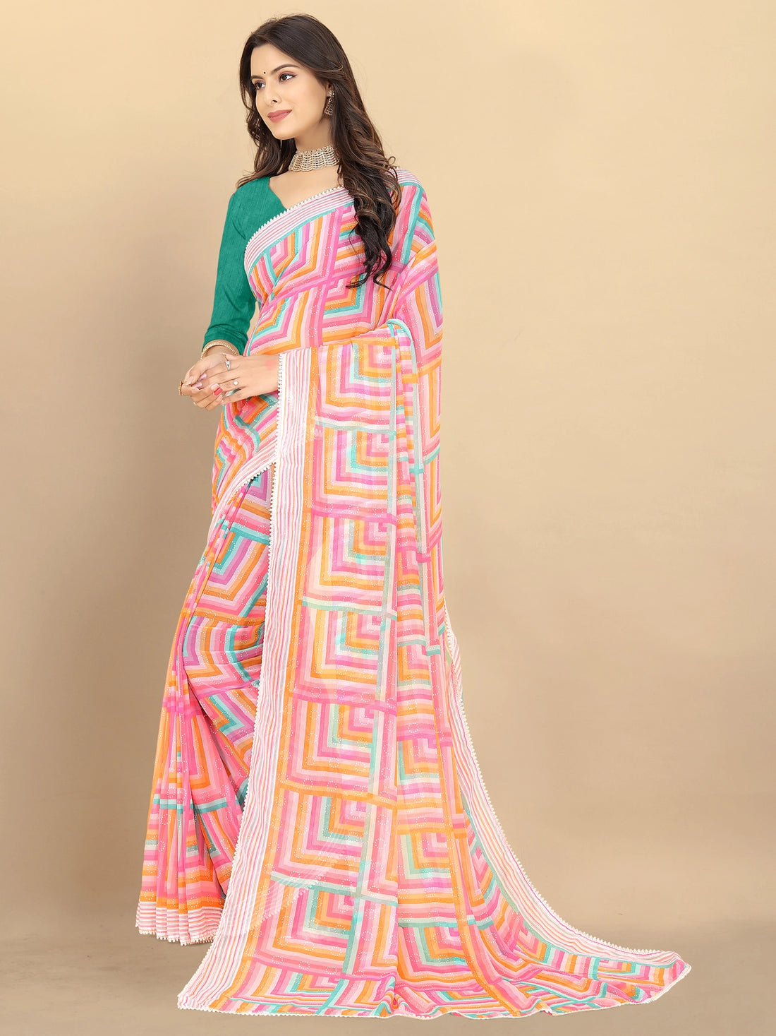 Buy Abstract Printed Georgette Saree With Blouse Piece-Pink