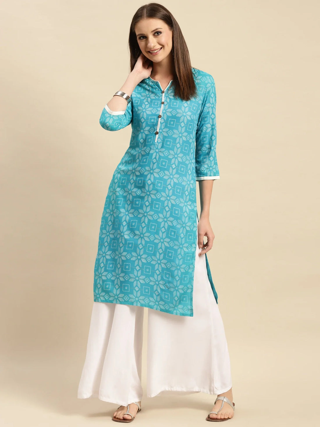 Buy Rayon Floral Printed Contrast Placket Knee Length Straight Kurta-Turquoise