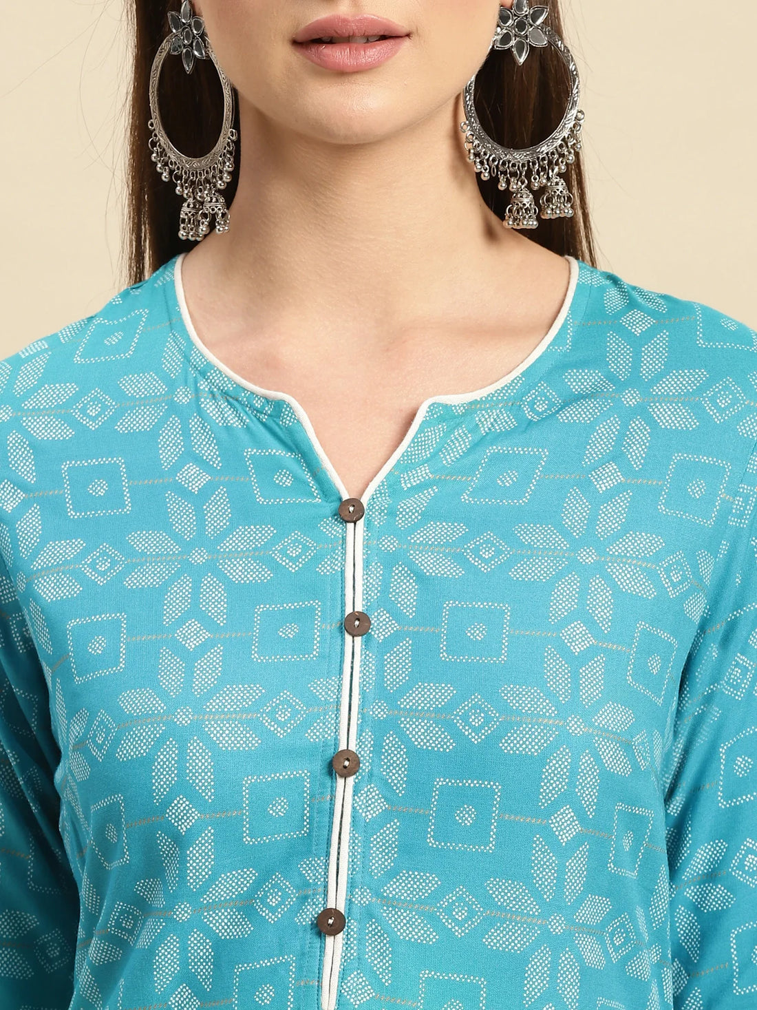 Buy Rayon Floral Printed Contrast Placket Knee Length Straight Kurta-Turquoise