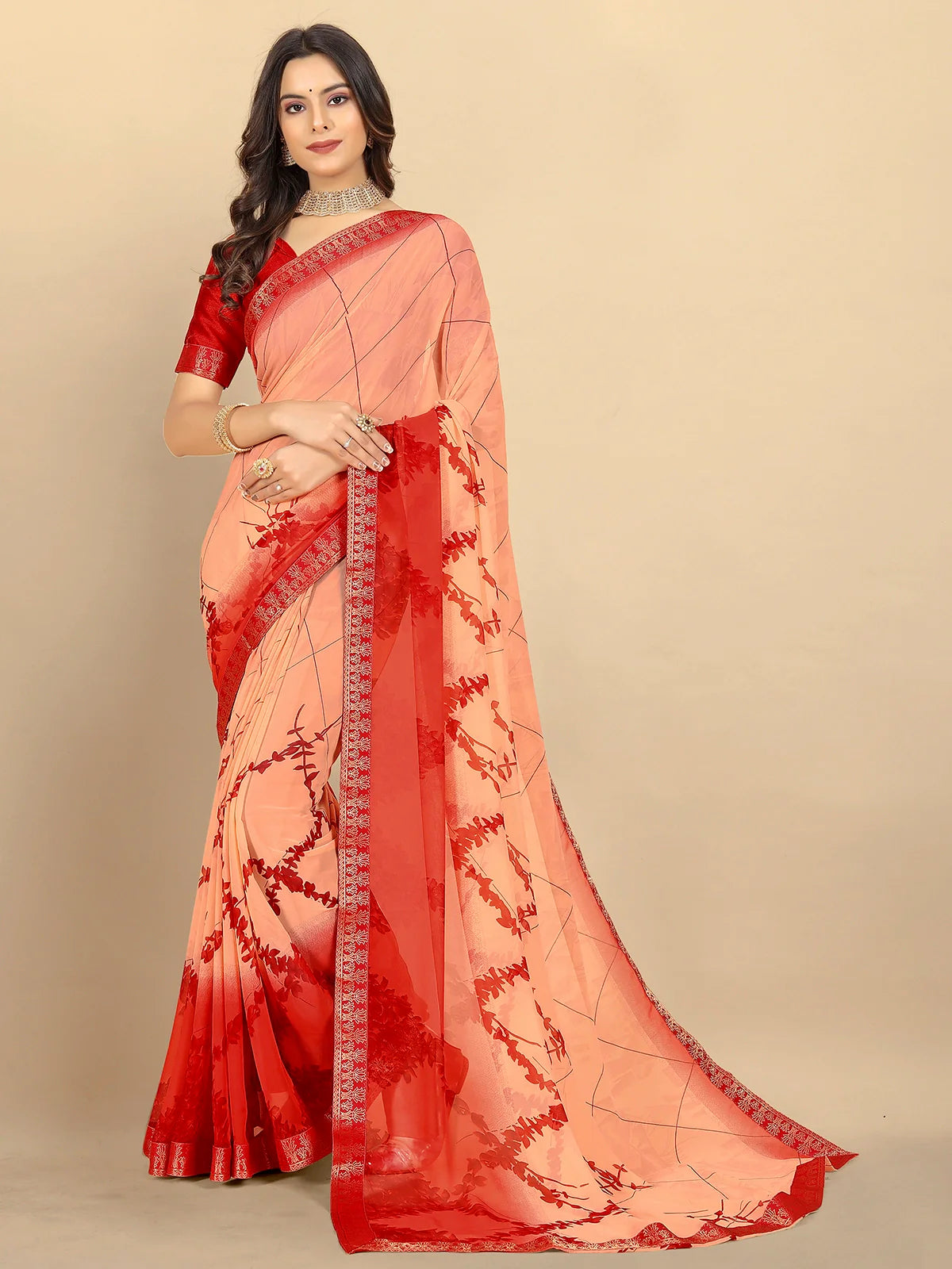 Buy Abstract Printed Georgette Saree With Blouse Piece-Peach