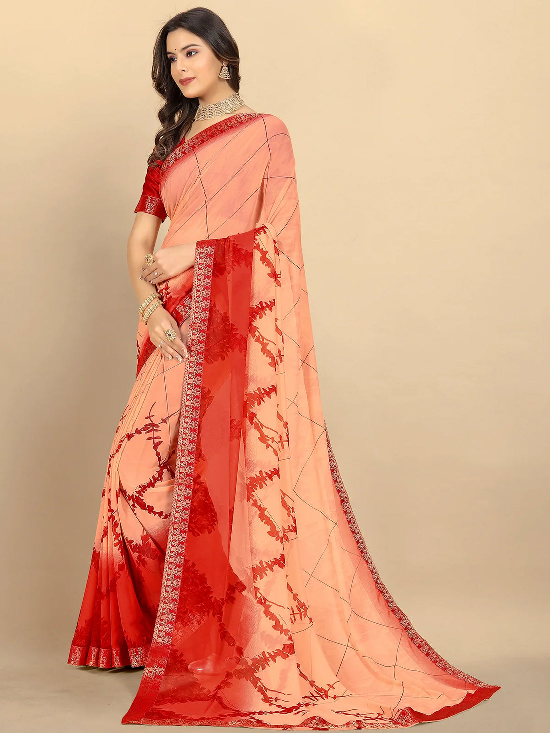 Buy Abstract Printed Georgette Saree With Blouse Piece-Peach