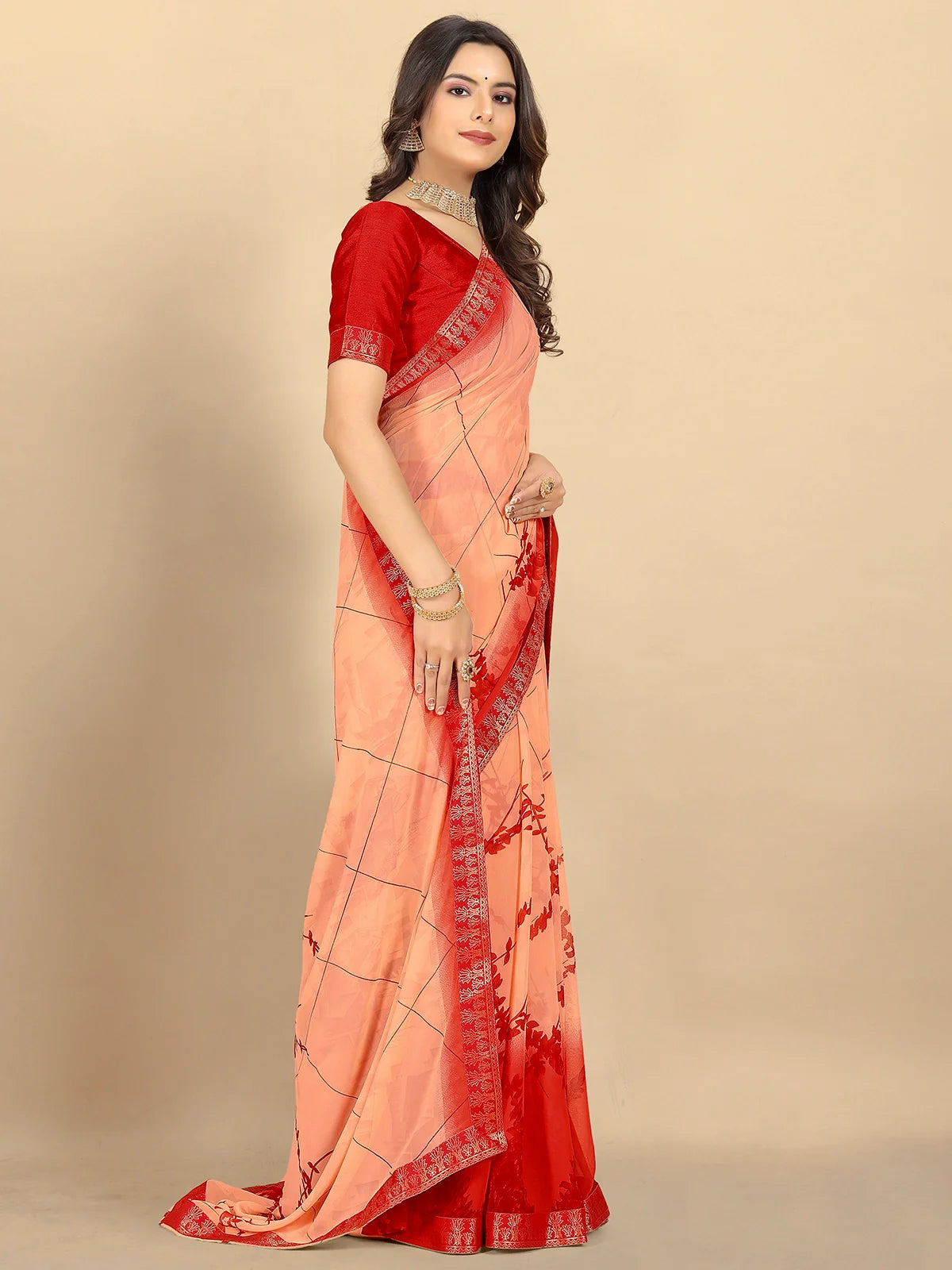 Buy Abstract Printed Georgette Saree With Blouse Piece-Peach