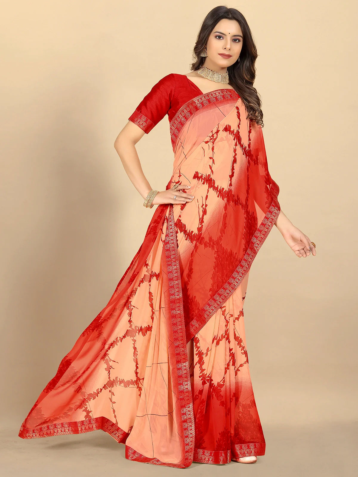 Buy Abstract Printed Georgette Saree With Blouse Piece-Peach