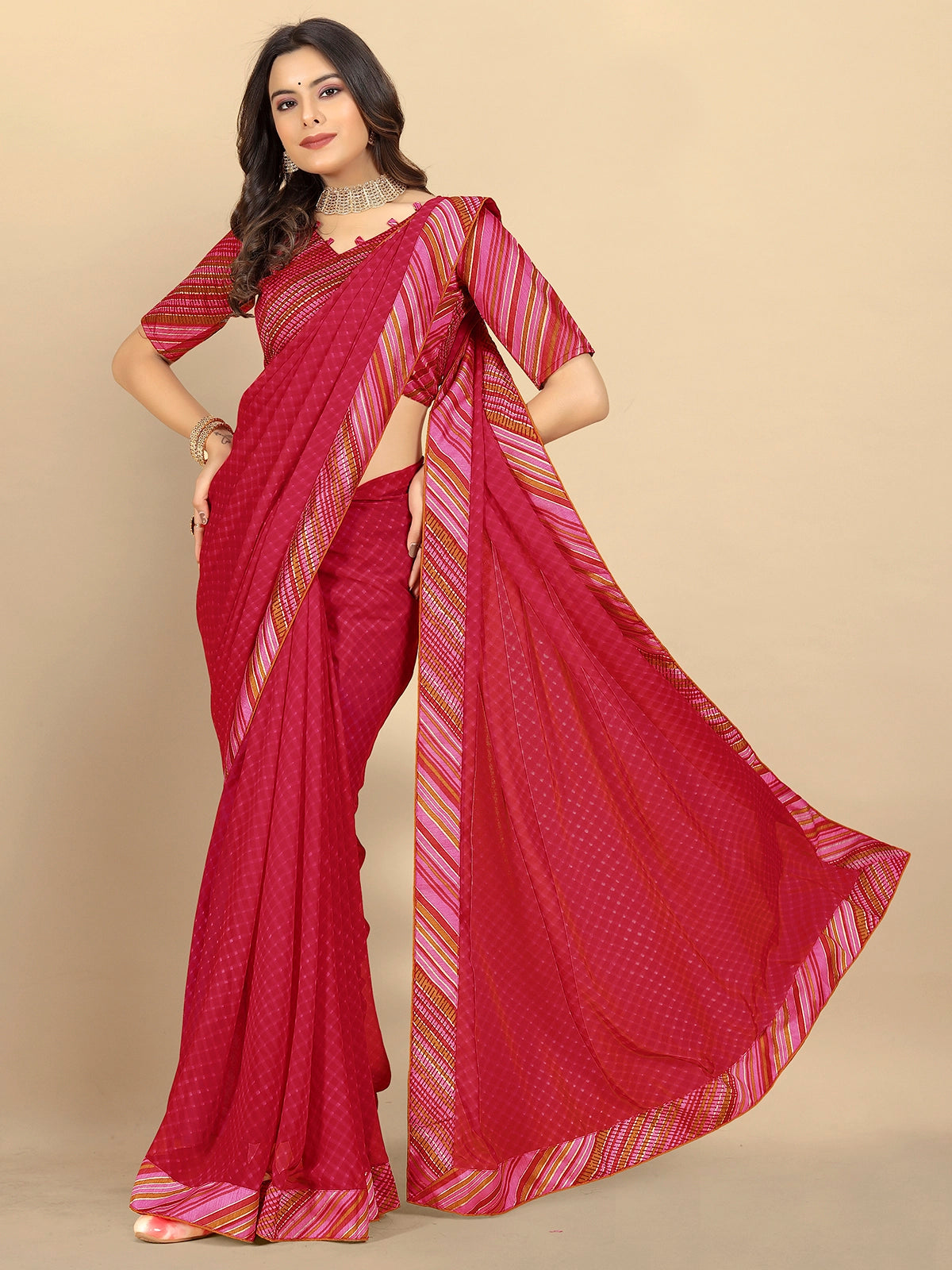 Buy Bandhej Printed Georgette Saree With Blouse Piece-Pink