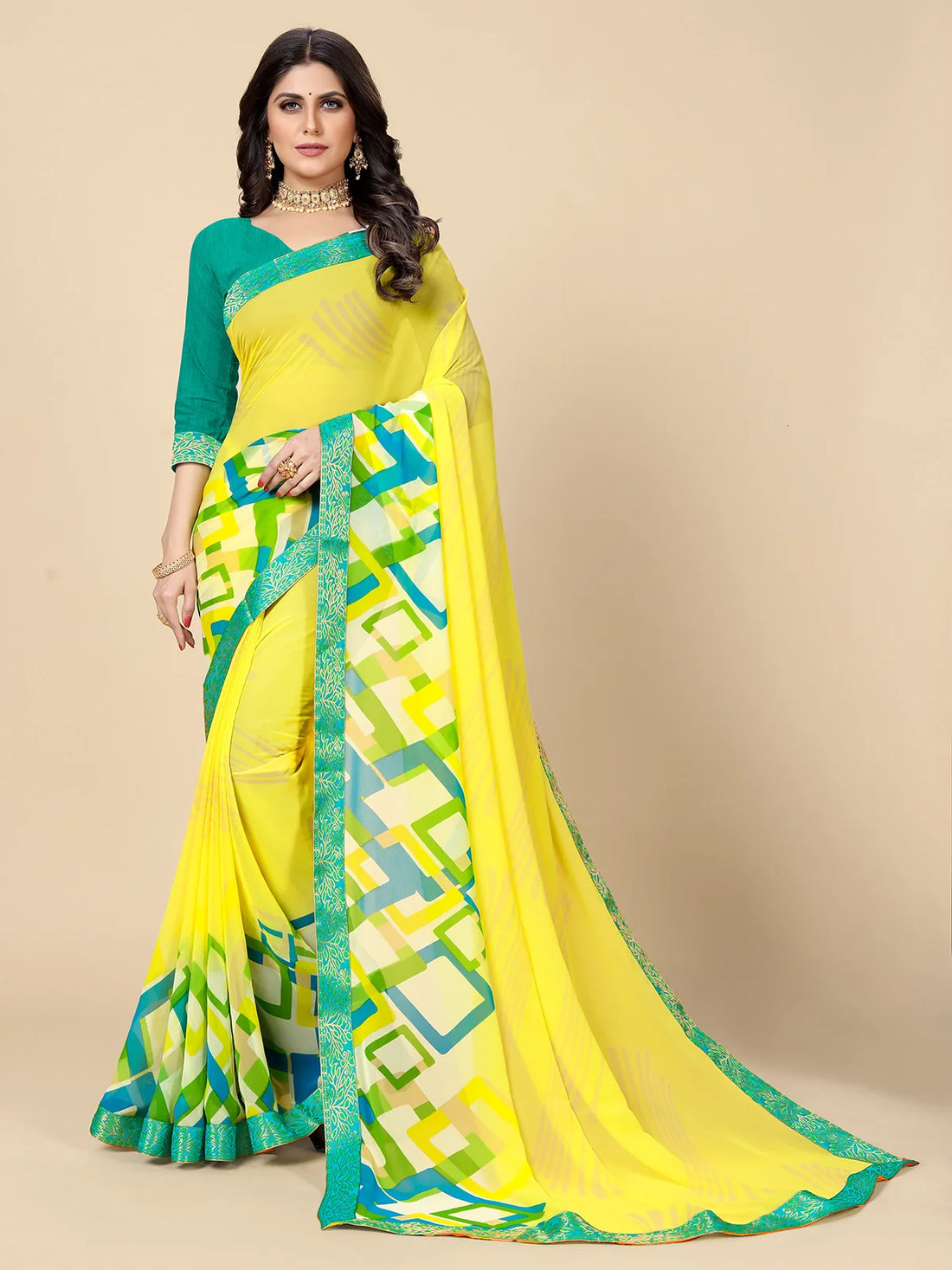 Buy Abstract Printed Georgette Saree With Blouse Piece-Yellow