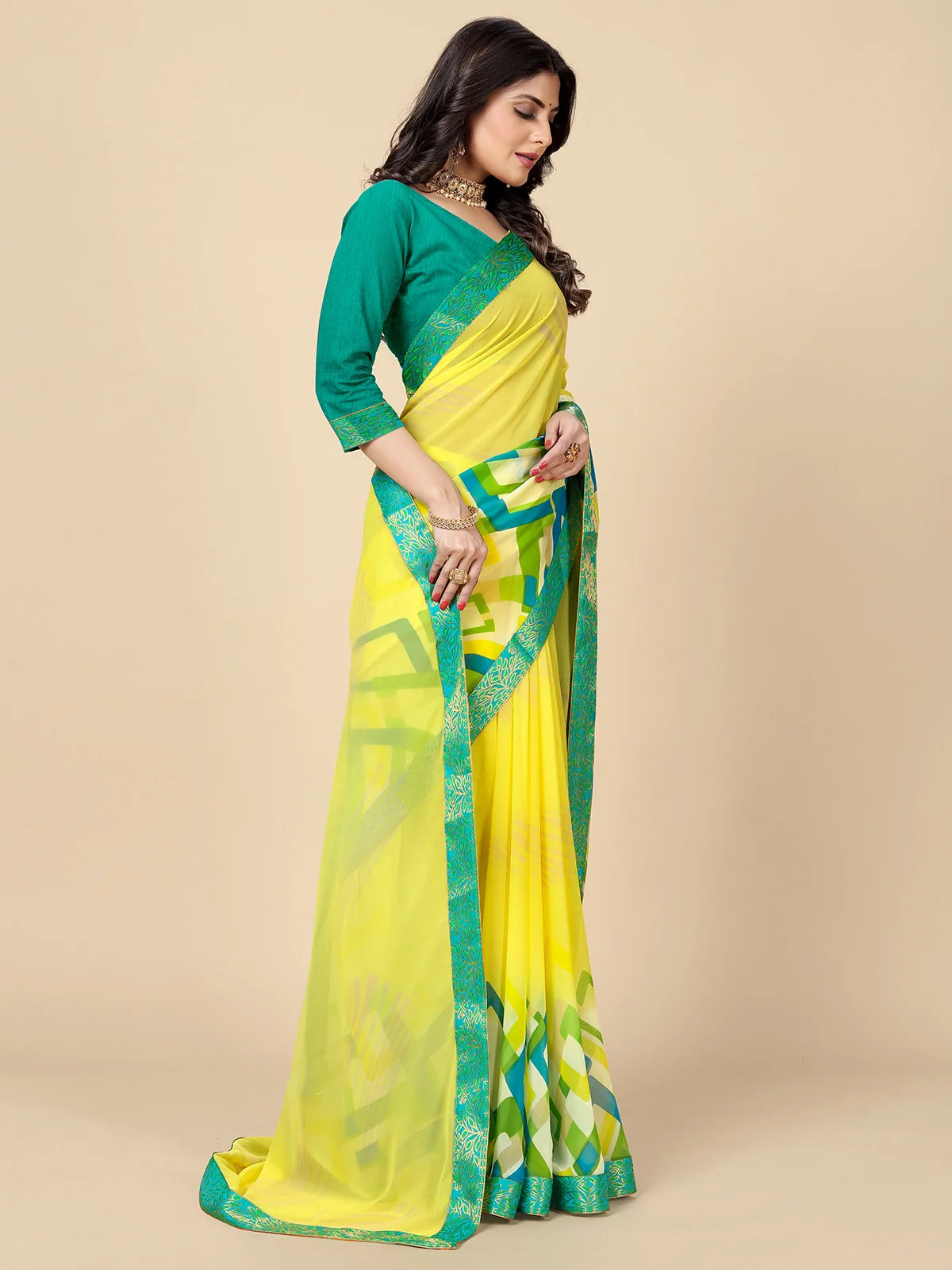 Buy Abstract Printed Georgette Saree With Blouse Piece-Yellow