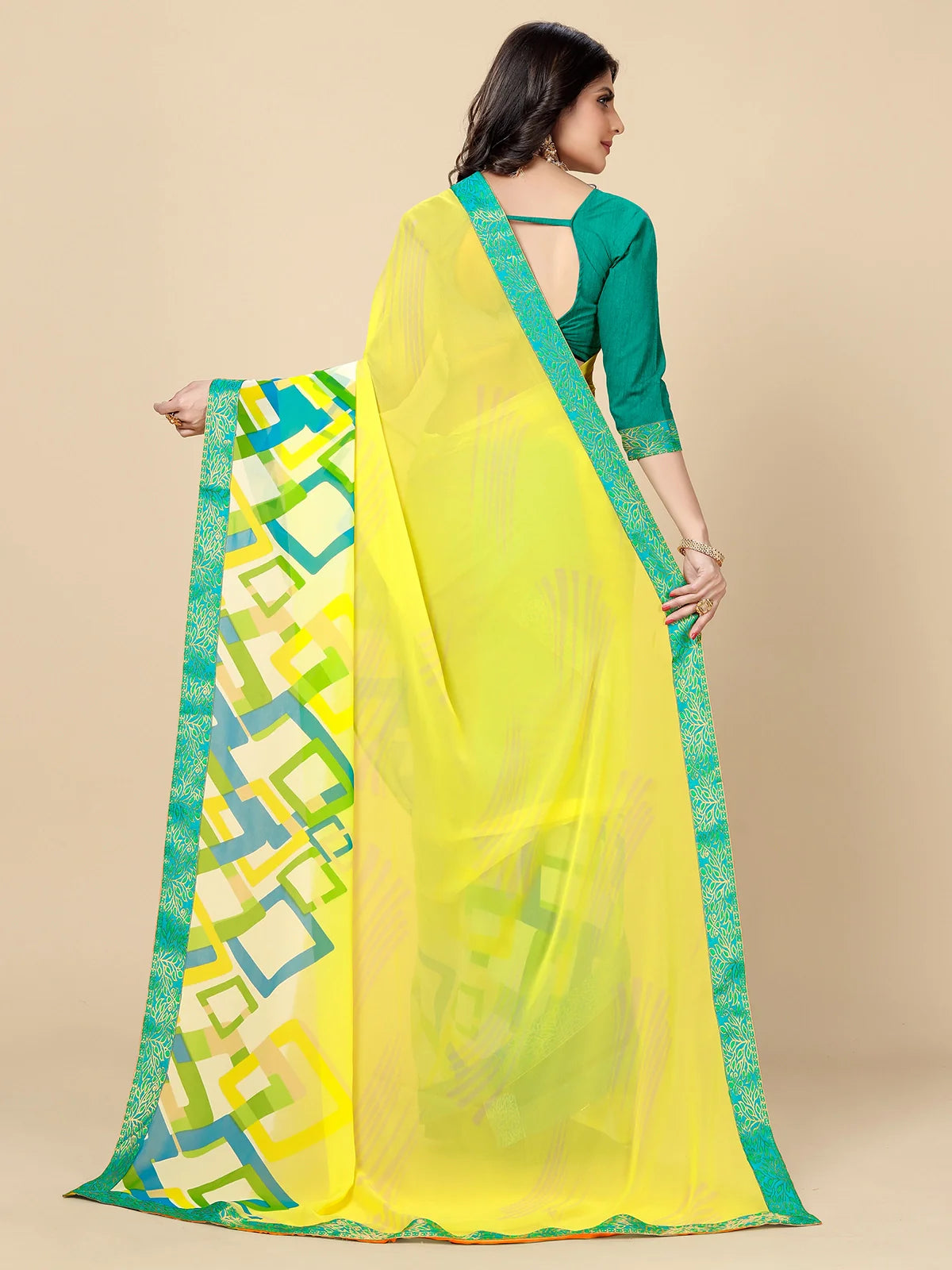 Buy Abstract Printed Georgette Saree With Blouse Piece-Yellow