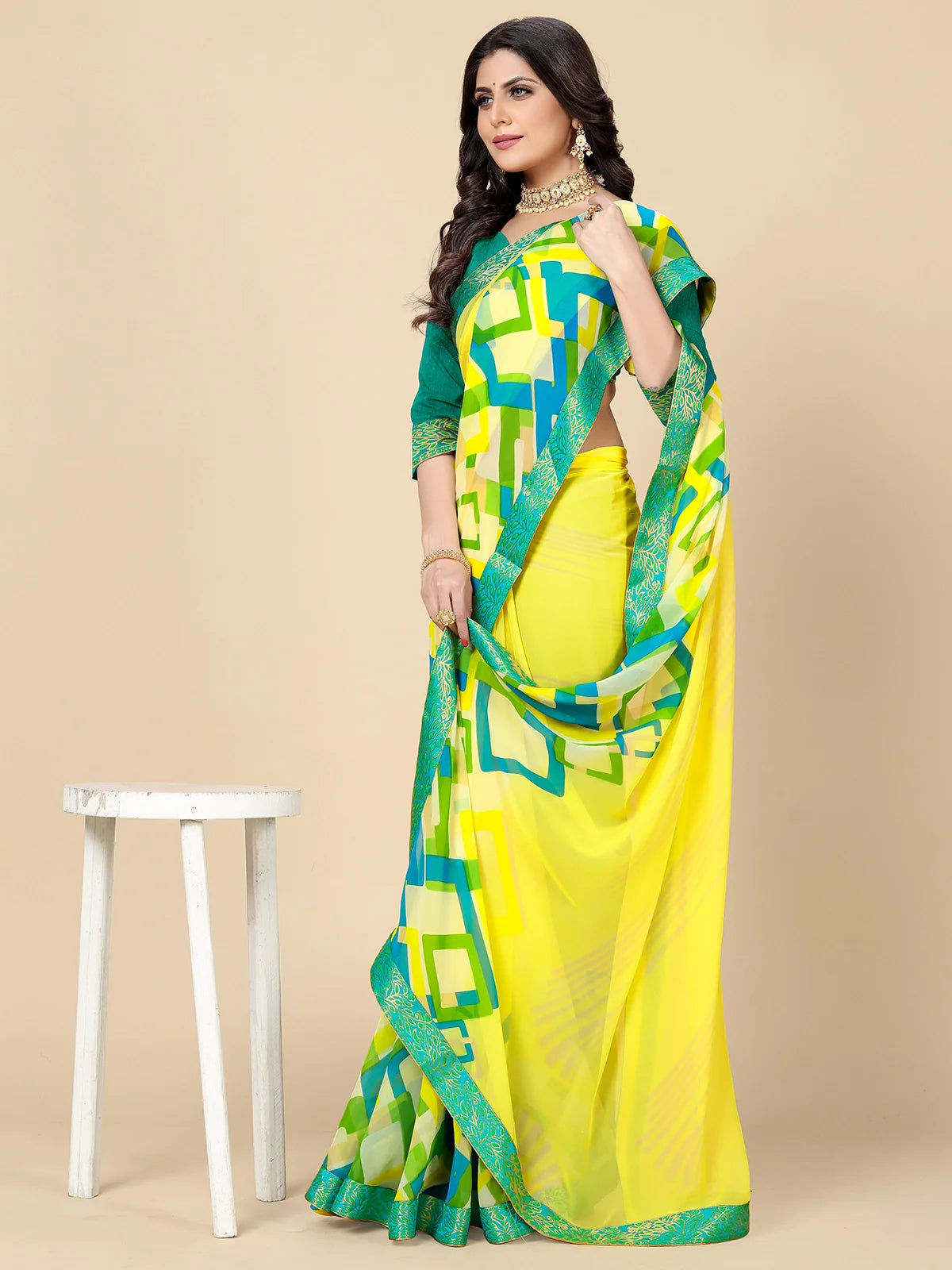 Buy Abstract Printed Georgette Saree With Blouse Piece-Yellow