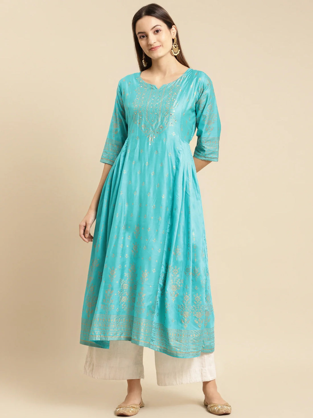 Buy Sequin Yoke Gold Printed Calf Length Kurta With Gathers At Side-Turquoise