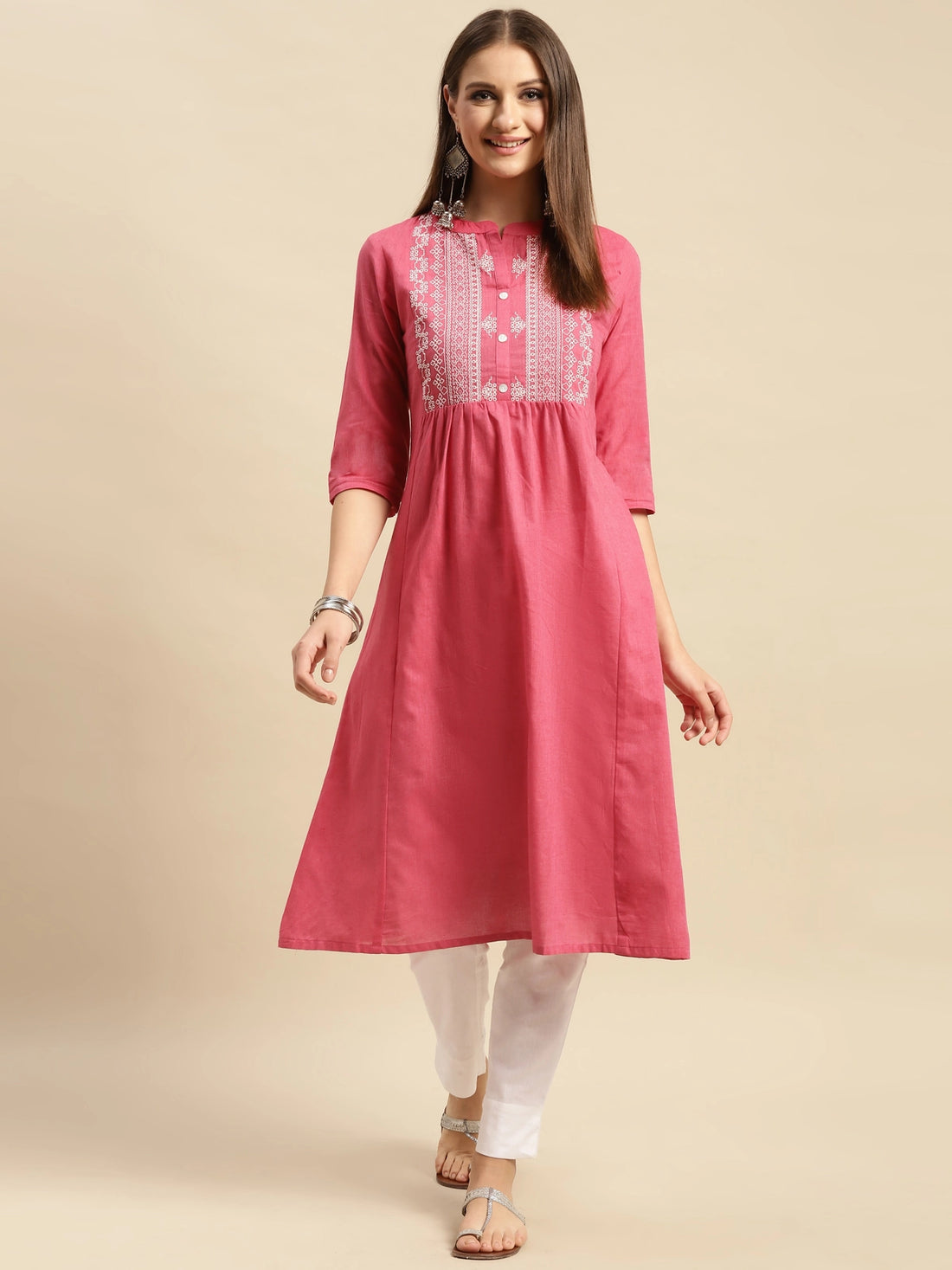 Buy 100% Cotton Yoke Embroidered Calf Length Flared Kurta-Pink