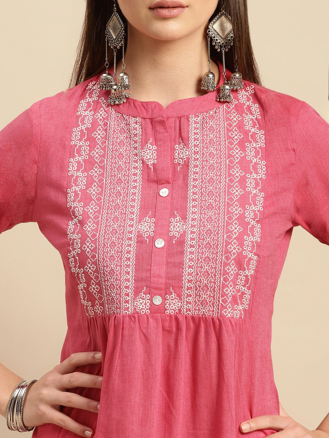 Buy 100% Cotton Yoke Embroidered Calf Length Flared Kurta-Pink