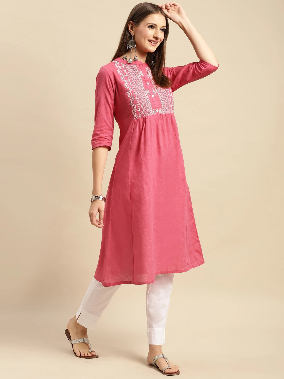 Buy 100% Cotton Yoke Embroidered Calf Length Flared Kurta-Pink