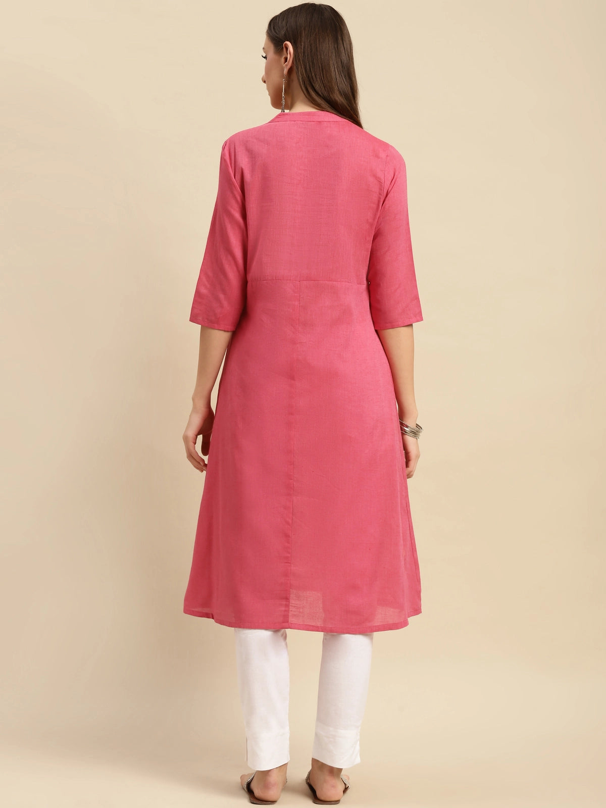 Buy 100% Cotton Yoke Embroidered Calf Length Flared Kurta-Pink