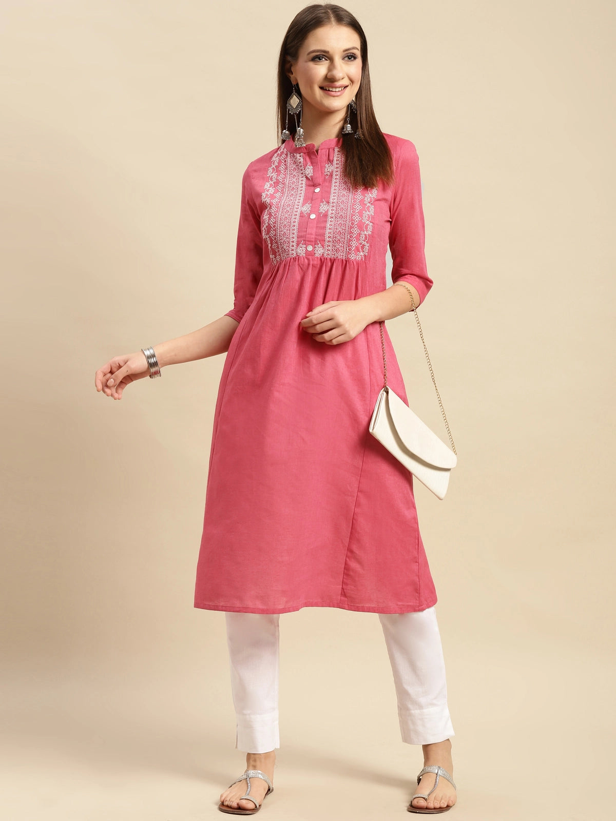 Buy 100% Cotton Yoke Embroidered Calf Length Flared Kurta-Pink