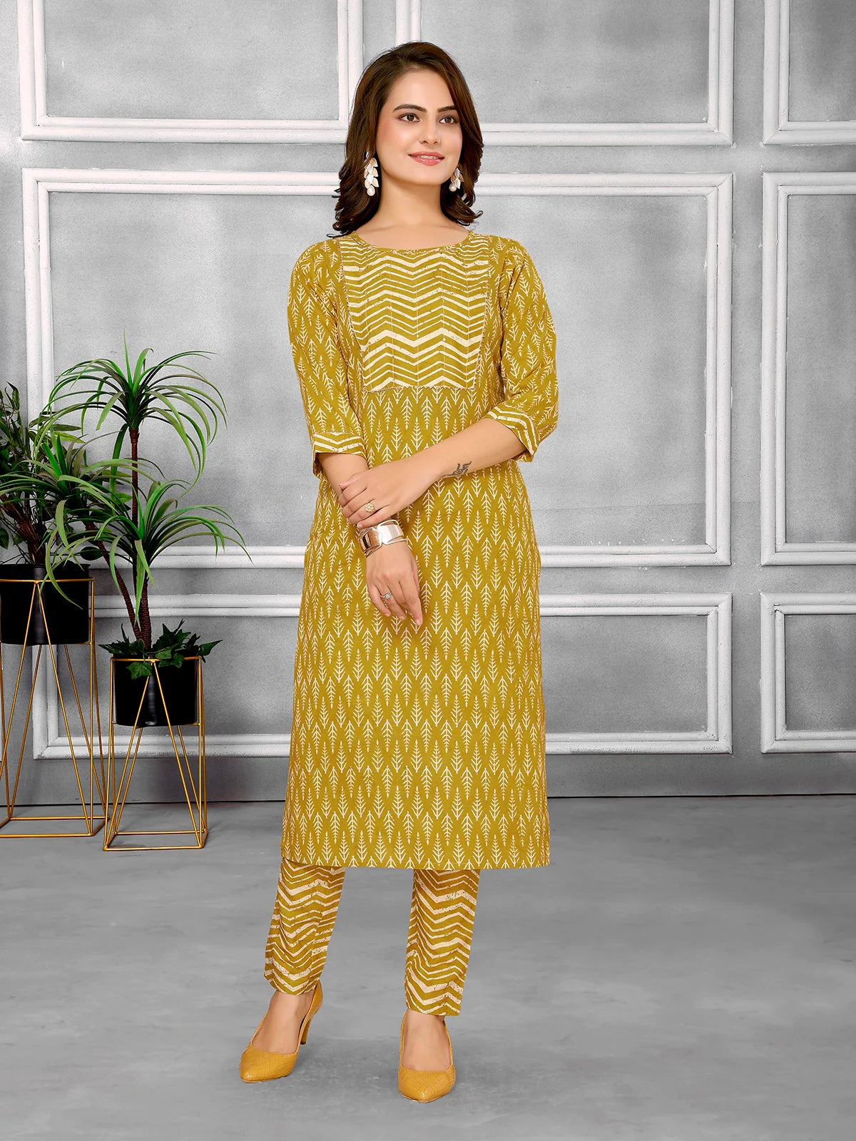 Buy Cotton Sequined Calf Length Straight Kurta With Pant-Mustard