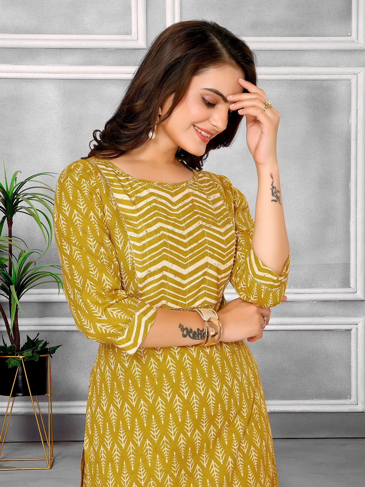 Buy Cotton Sequined Calf Length Straight Kurta With Pant-Mustard