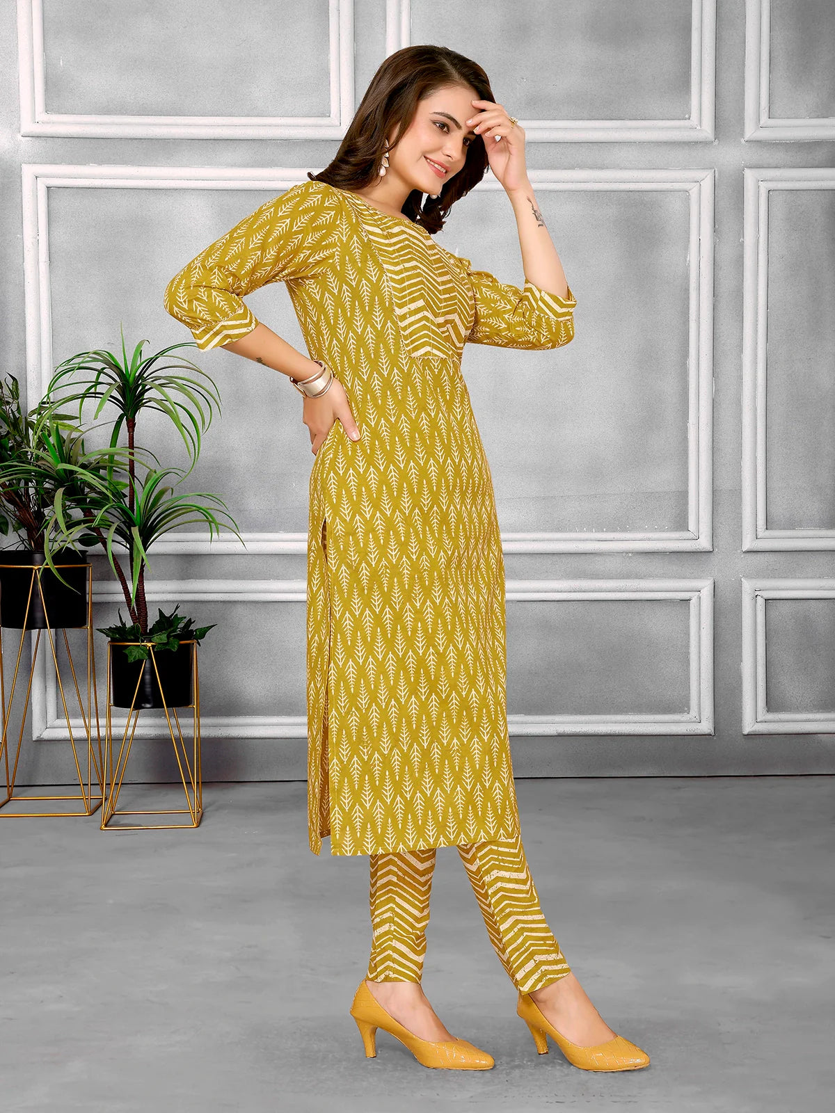 Buy Cotton Sequined Calf Length Straight Kurta With Pant-Mustard