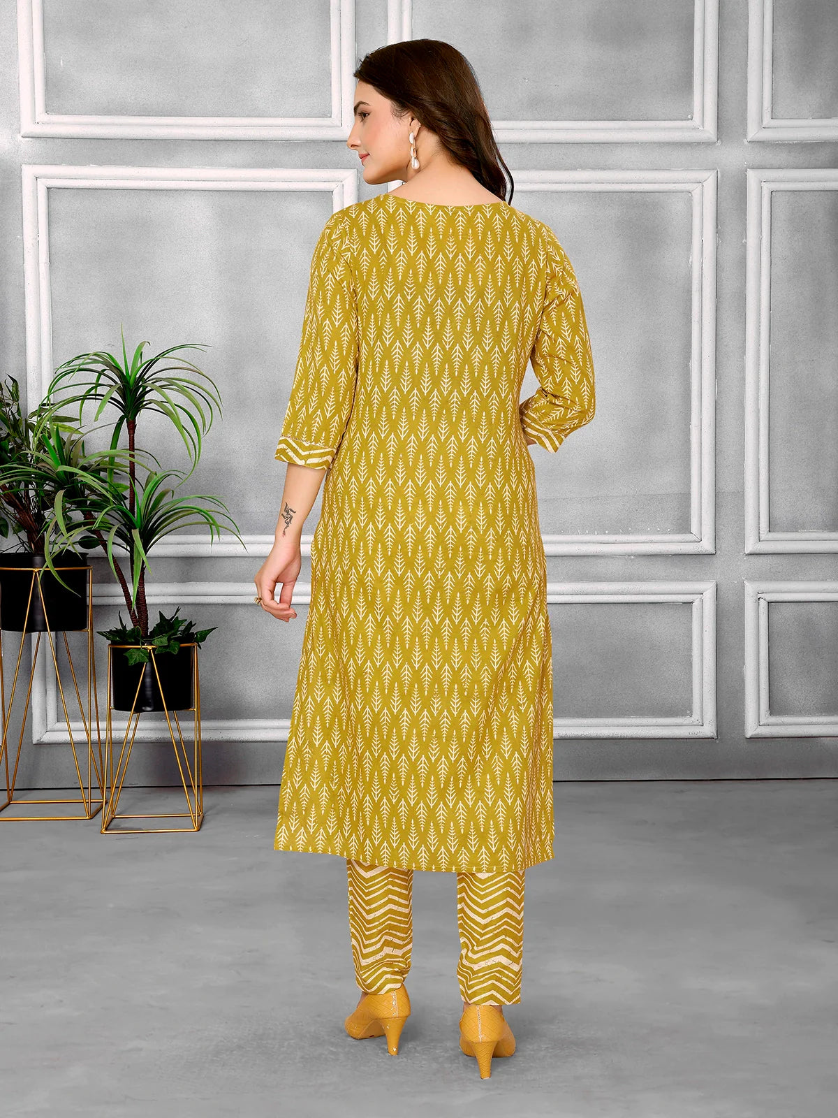 Buy Cotton Sequined Calf Length Straight Kurta With Pant-Mustard