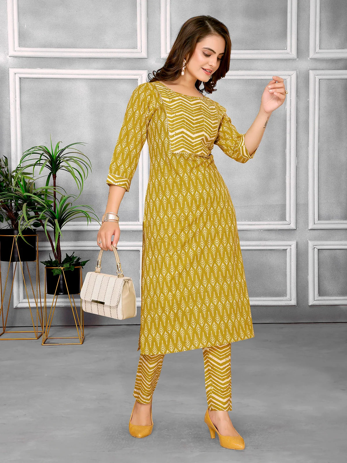 Buy Cotton Sequined Calf Length Straight Kurta With Pant-Mustard