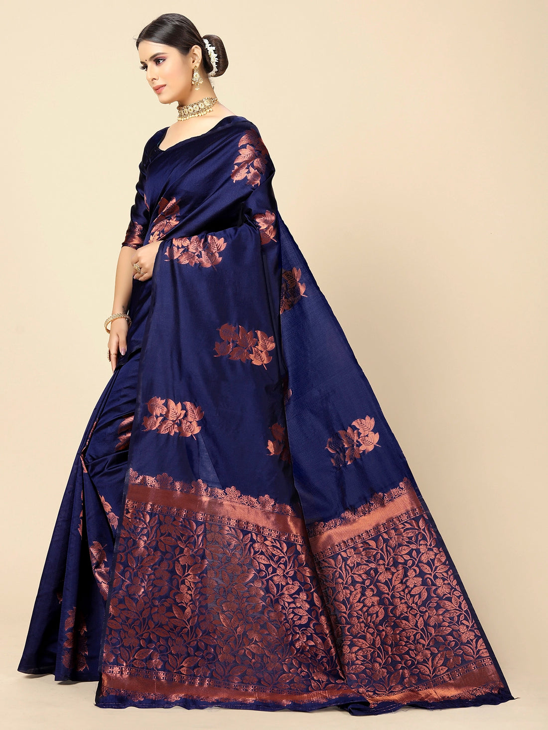 Buy Banarasi Silk Jacquard Saree With Blouse Piece-Navy Blue