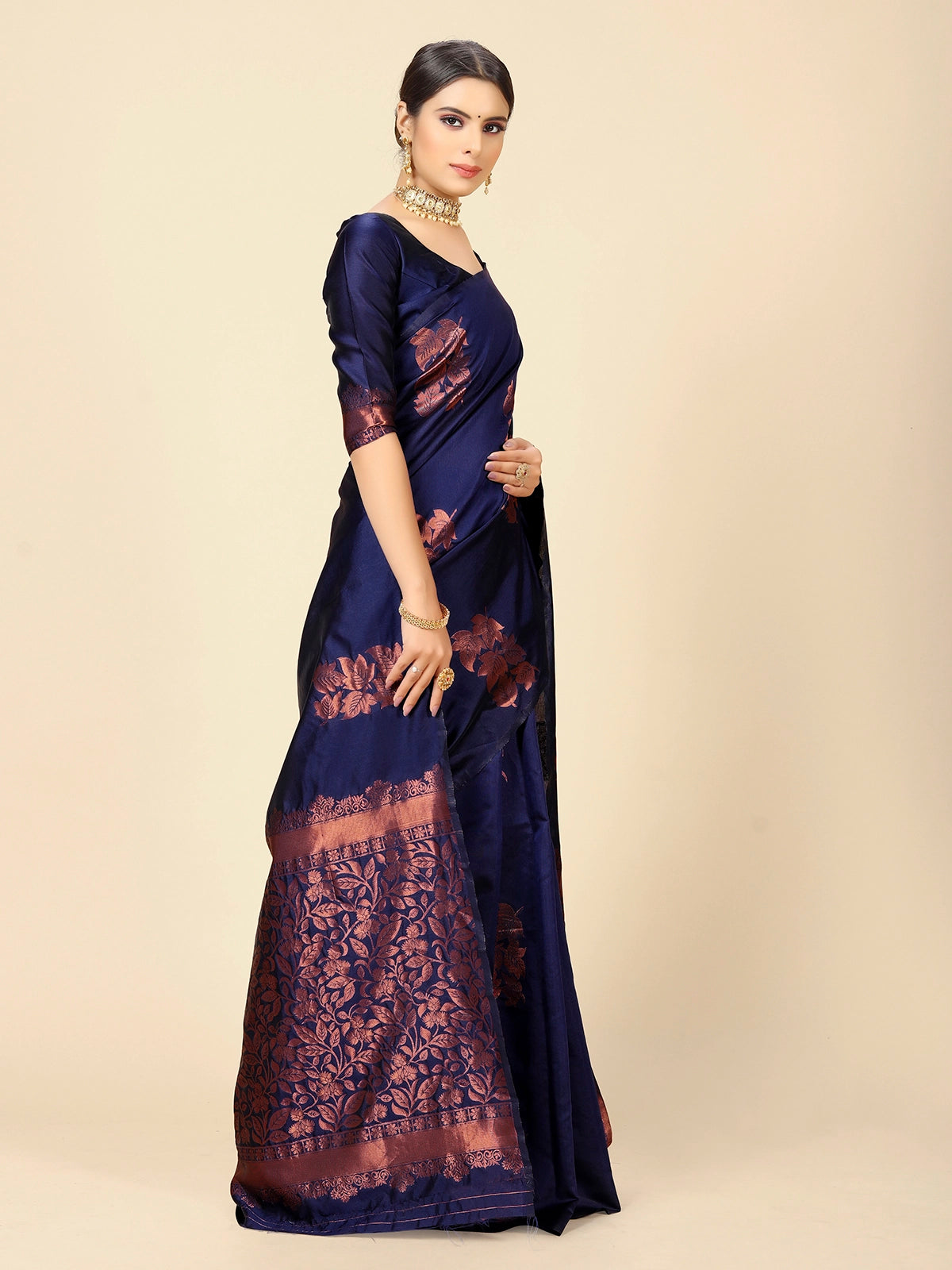 Buy Banarasi Silk Jacquard Saree With Blouse Piece-Navy Blue