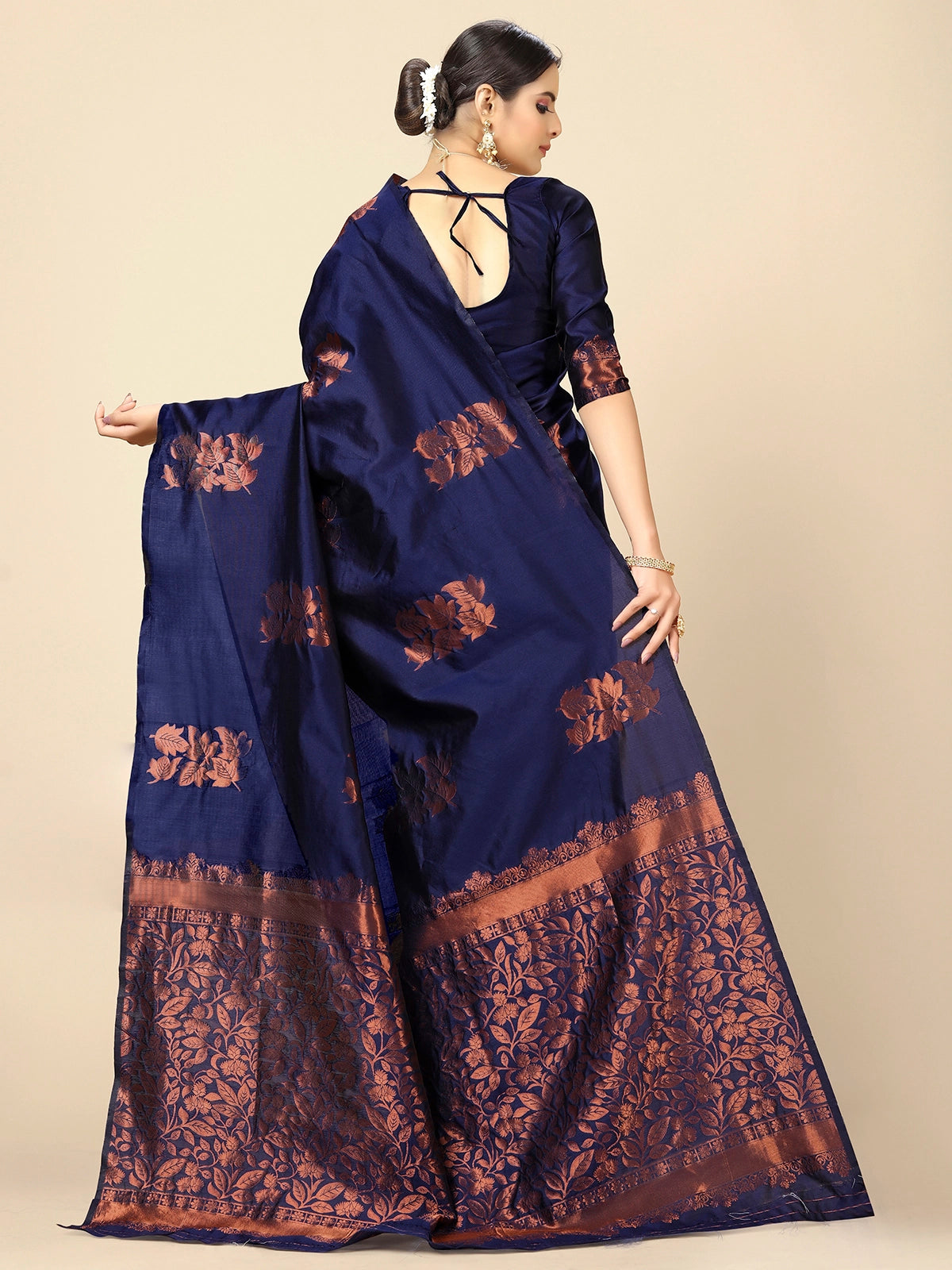 Buy Banarasi Silk Jacquard Saree With Blouse Piece-Navy Blue