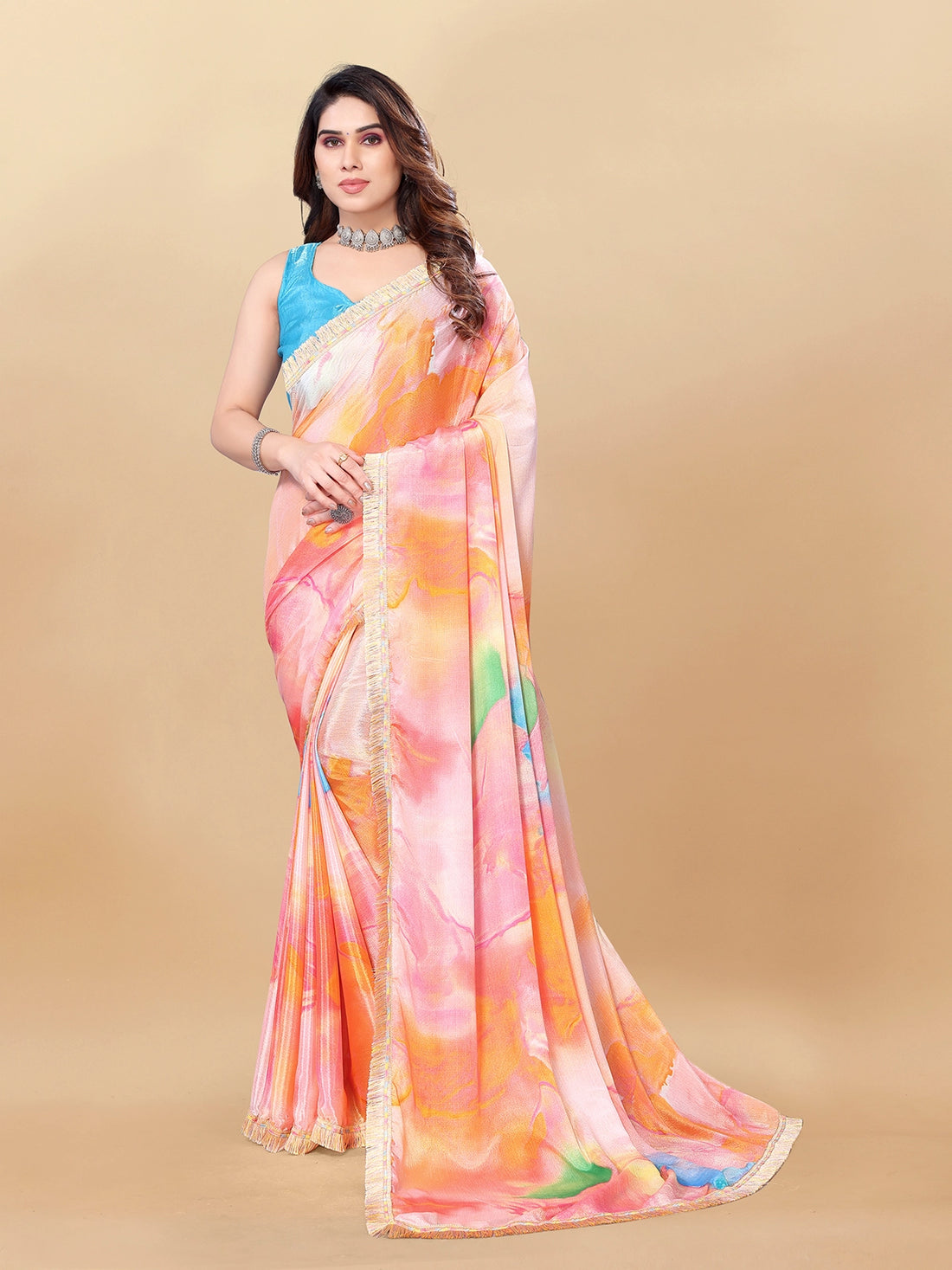 Buy Abstract Printed Designer Chiffon Saree With Blouse Piece-Orange