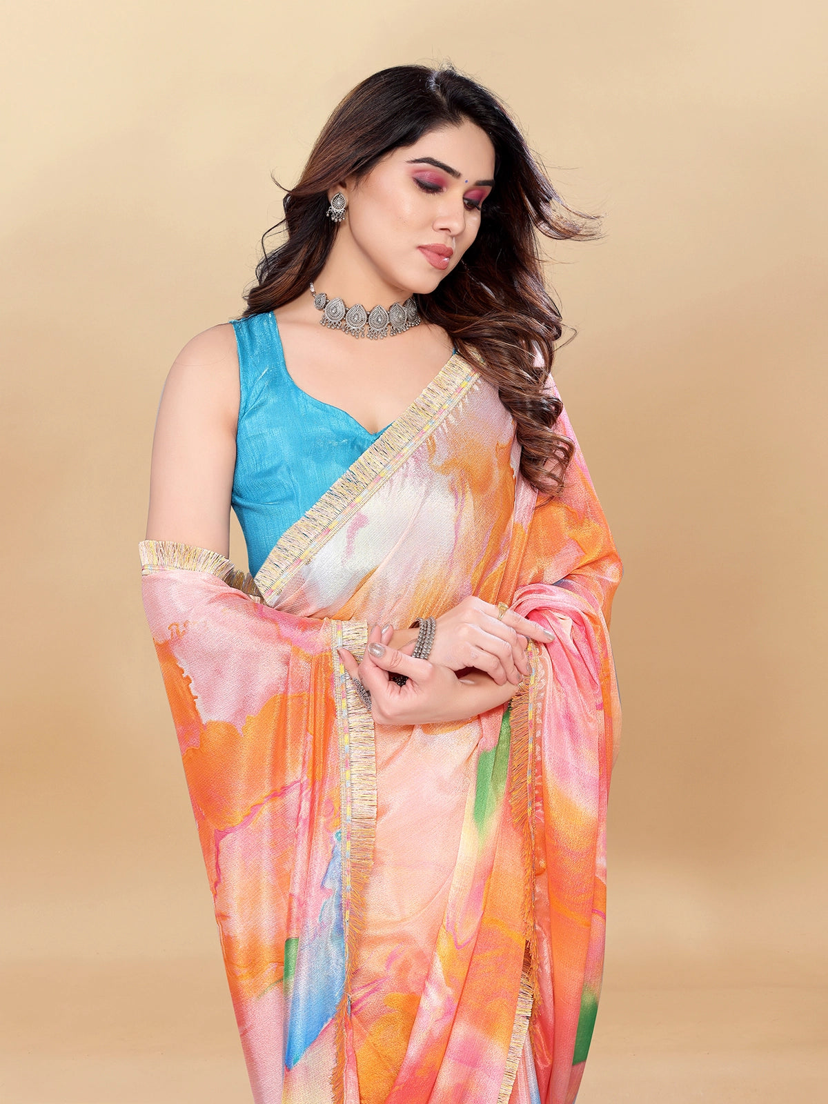 Buy Abstract Printed Designer Chiffon Saree With Blouse Piece-Orange