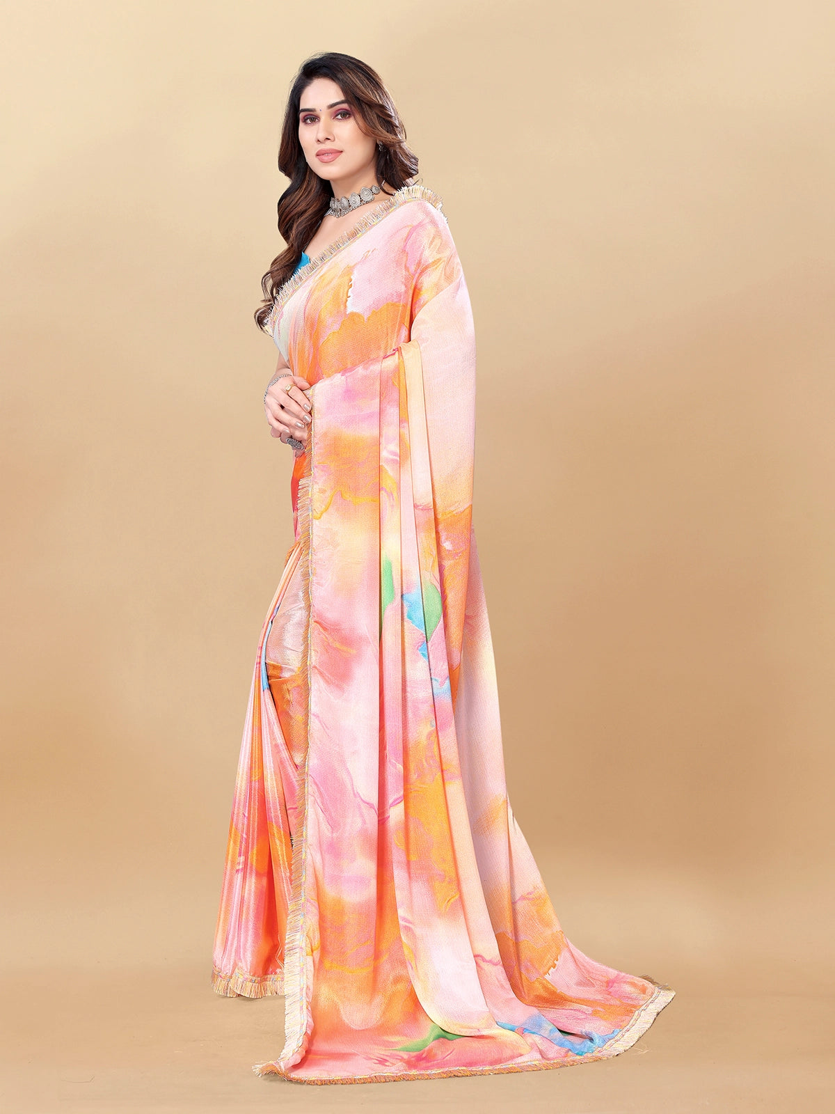 Buy Abstract Printed Designer Chiffon Saree With Blouse Piece-Orange