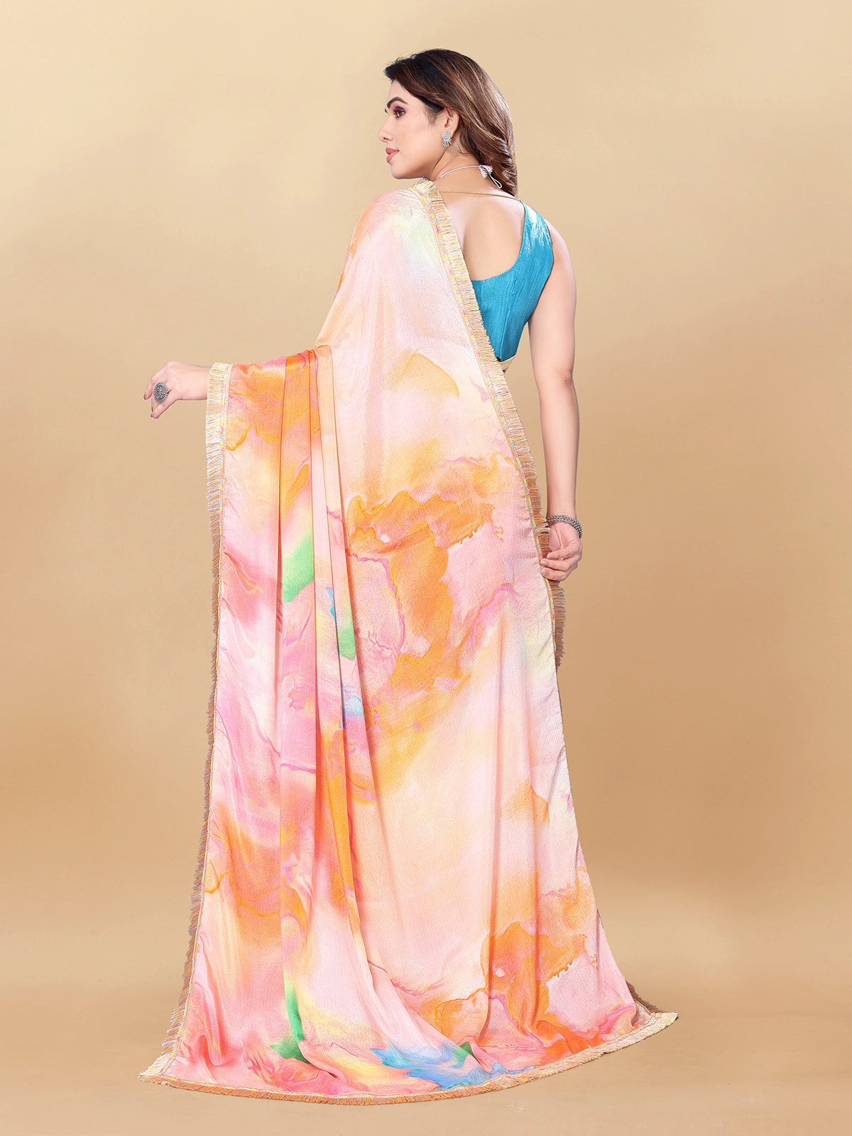 Buy Abstract Printed Designer Chiffon Saree With Blouse Piece-Orange