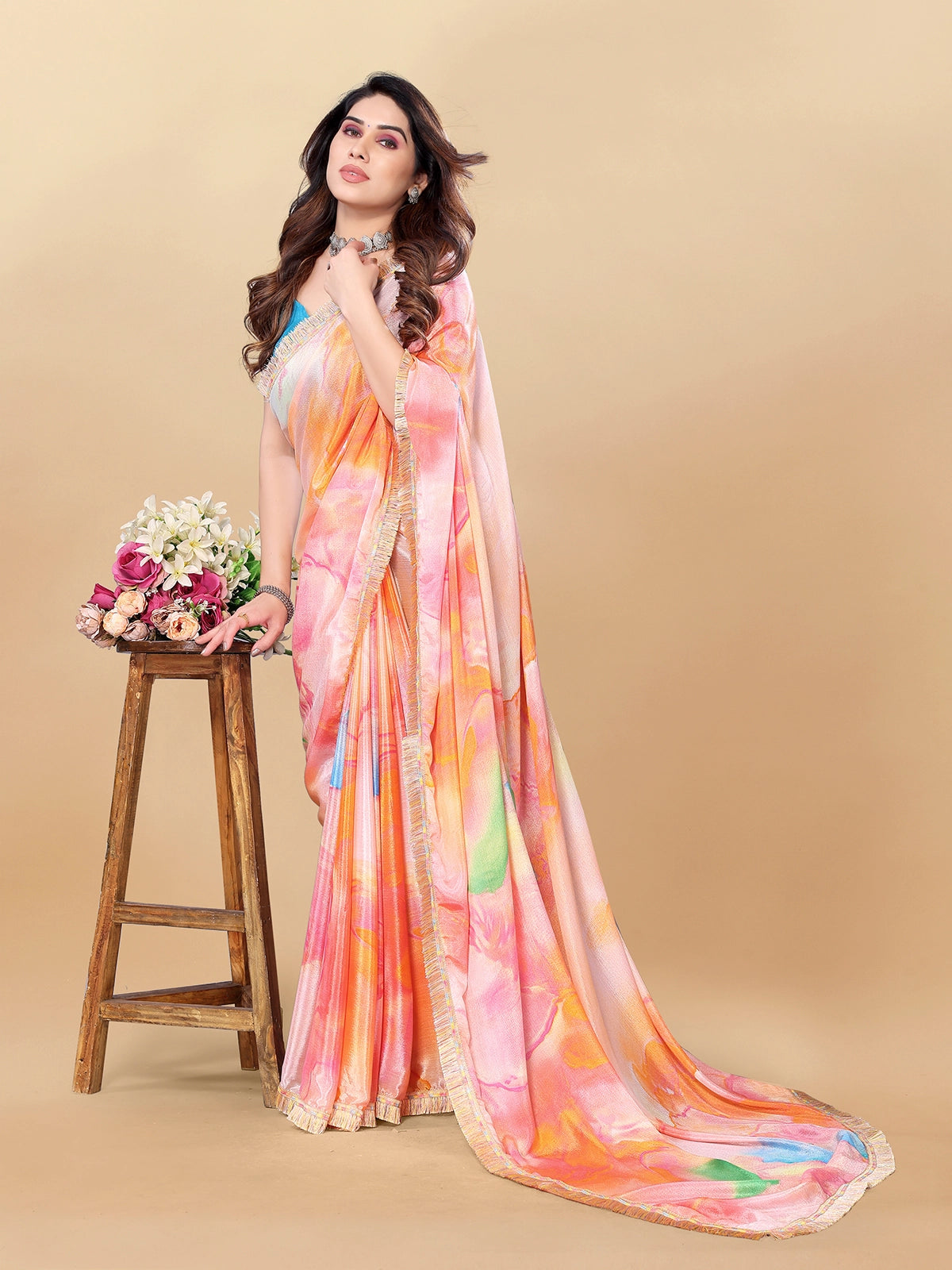 Buy Abstract Printed Designer Chiffon Saree With Blouse Piece-Orange