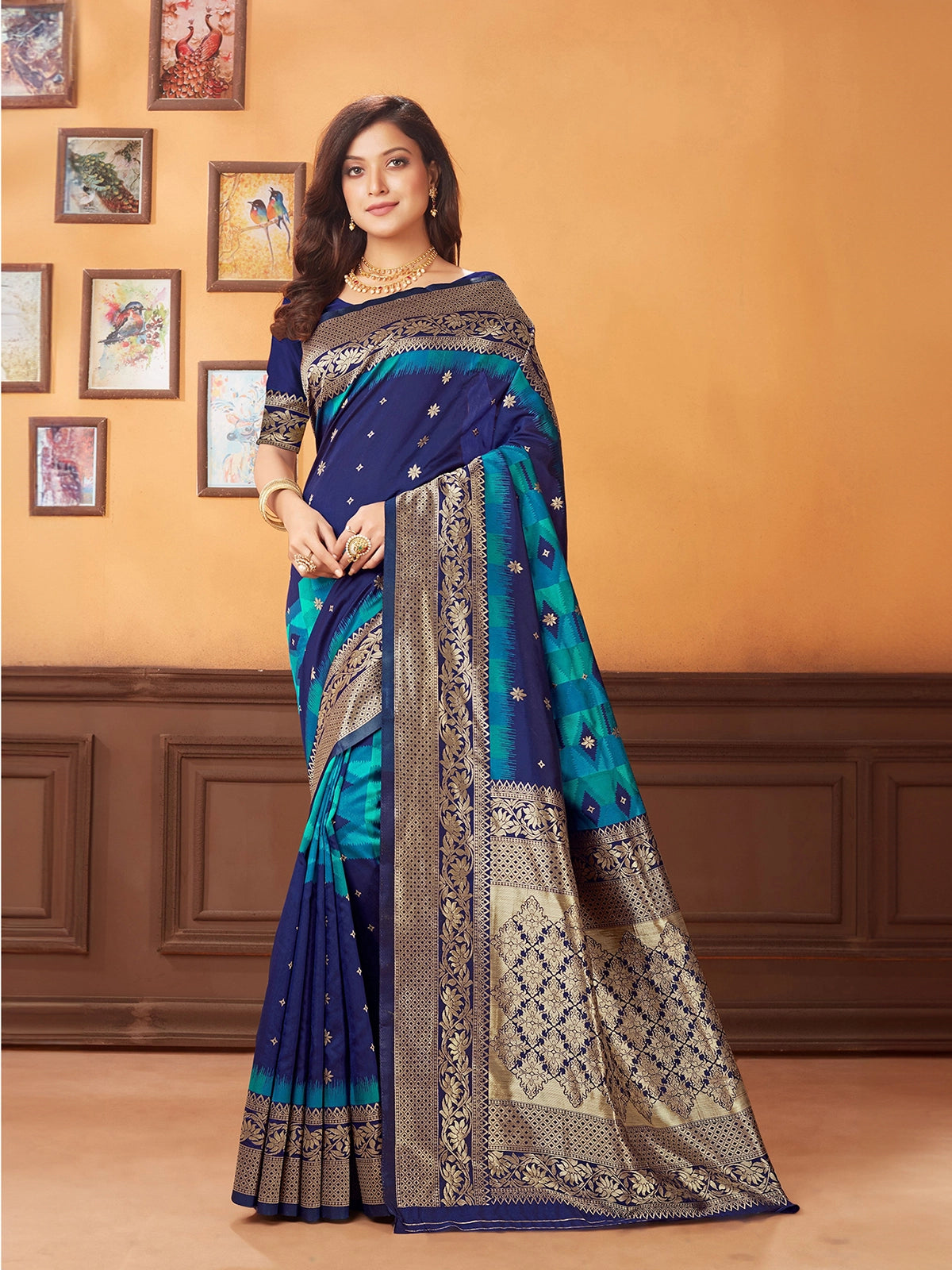 Buy Ethnic Motifs Woven Banarasi Silk Saree With Blouse Piece-Blue