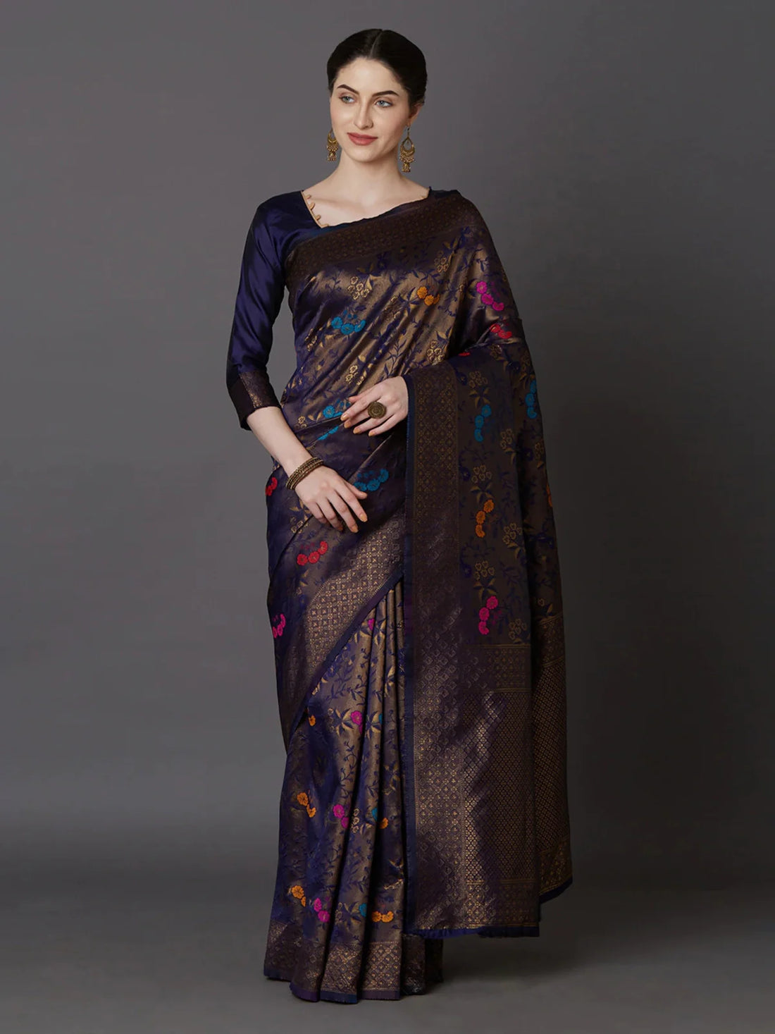 Buy Zari Work Embellished Banarasi Silk Saree With Blouse Piece-Navy Blue