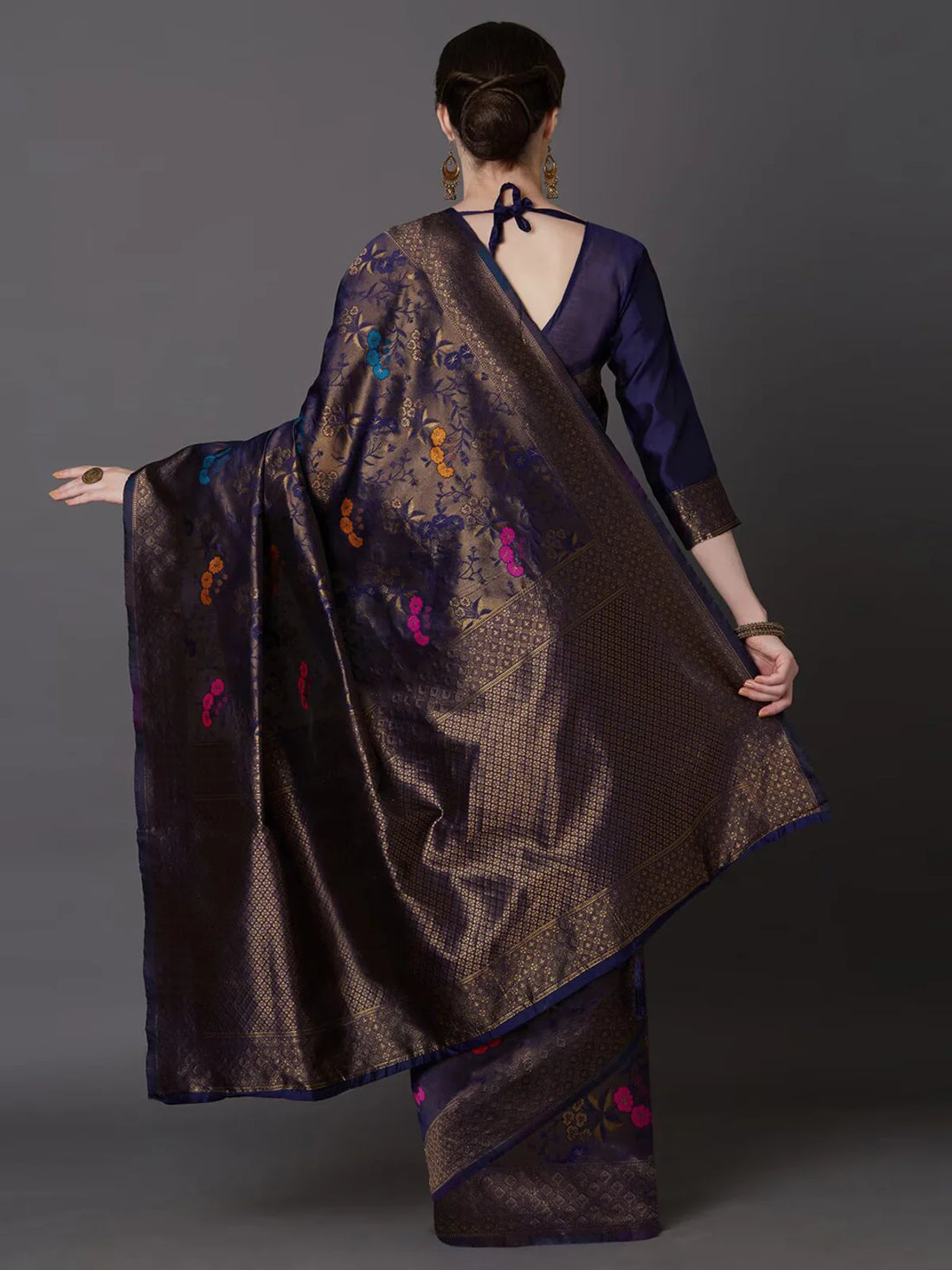 Buy Zari Work Embellished Banarasi Silk Saree With Blouse Piece-Navy Blue