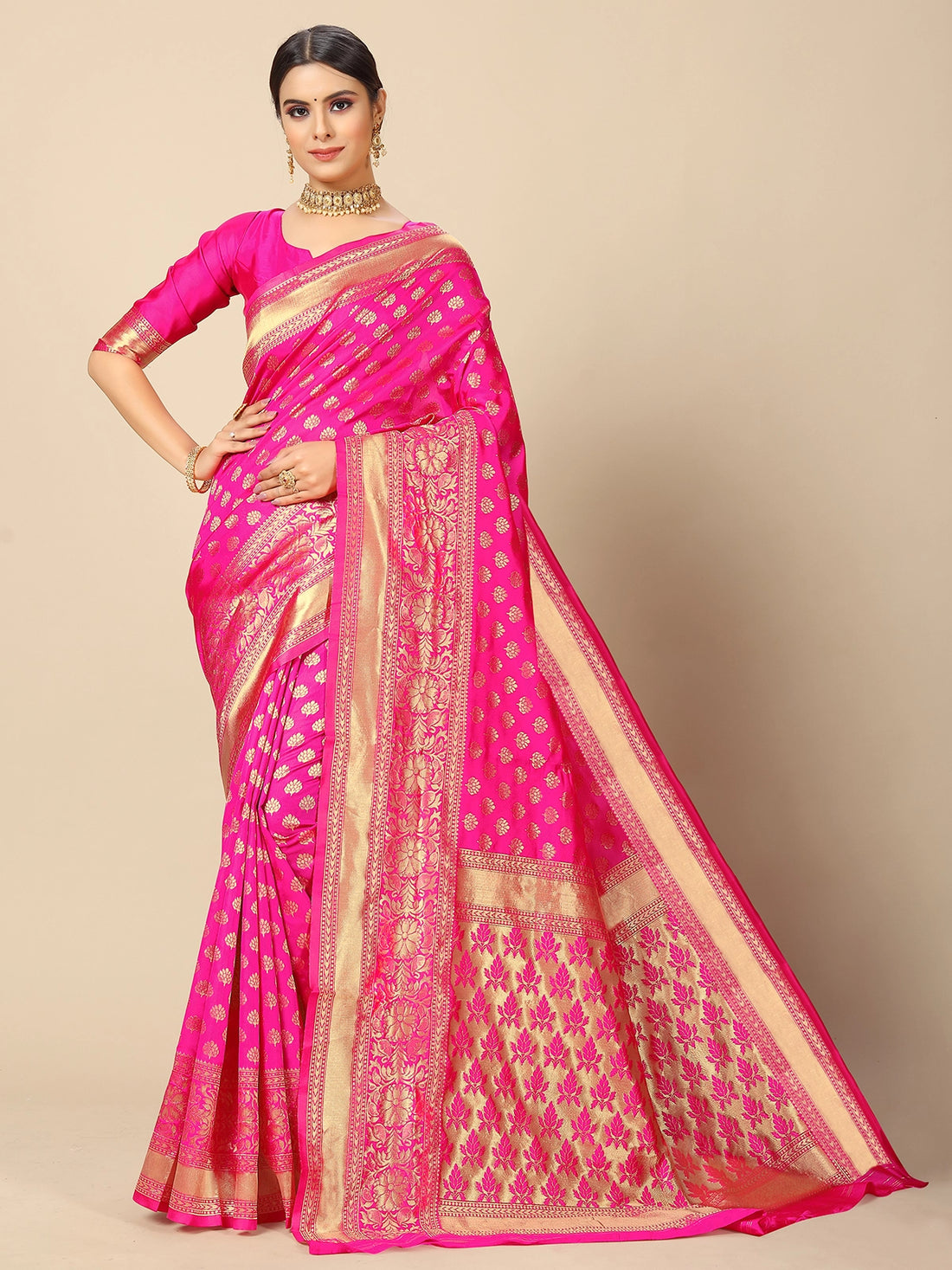 Buy Banarasi Silk Zari Work Saree With Blouse Piece-Pink