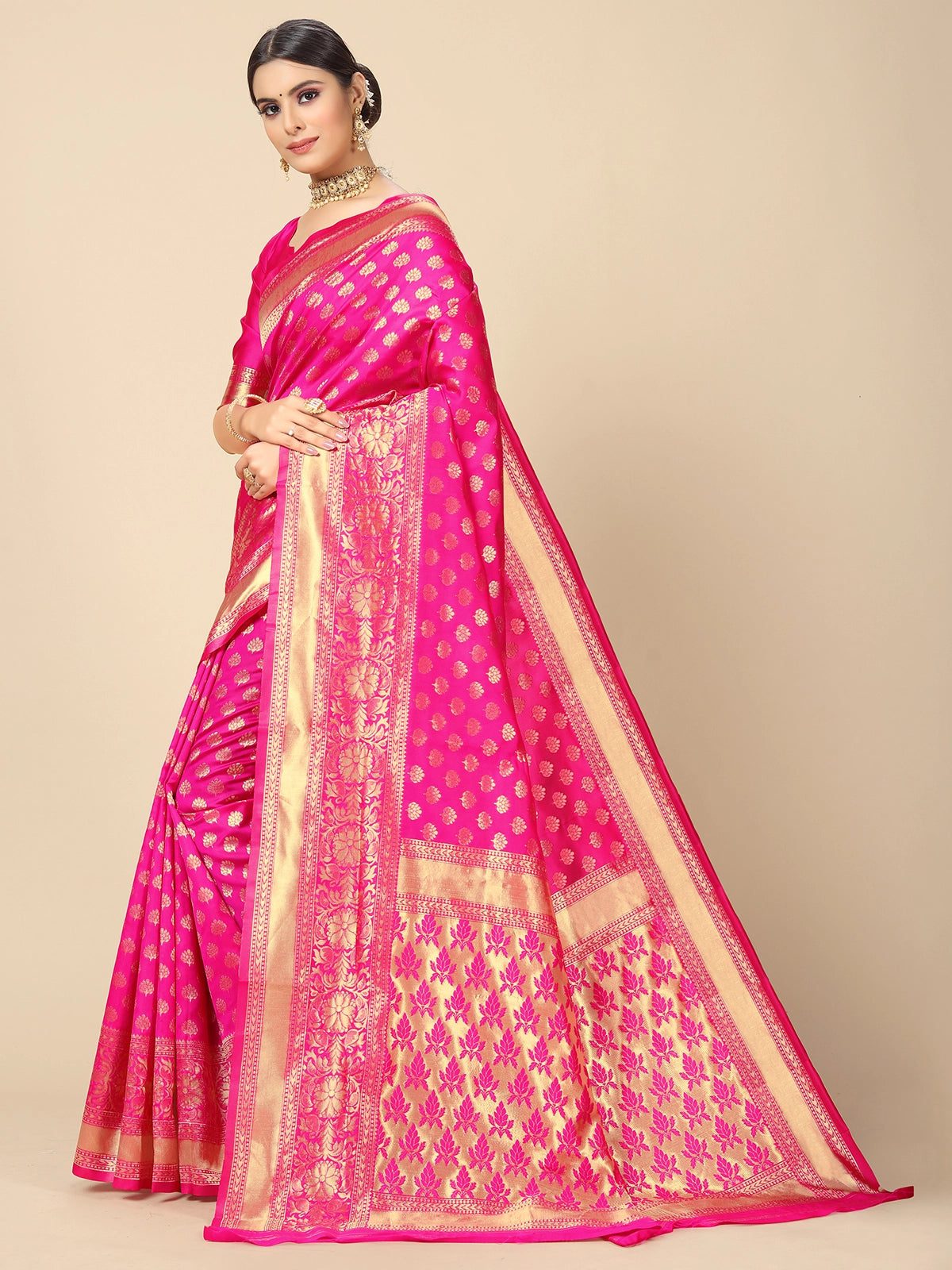 Buy Banarasi Silk Zari Work Saree With Blouse Piece-Pink