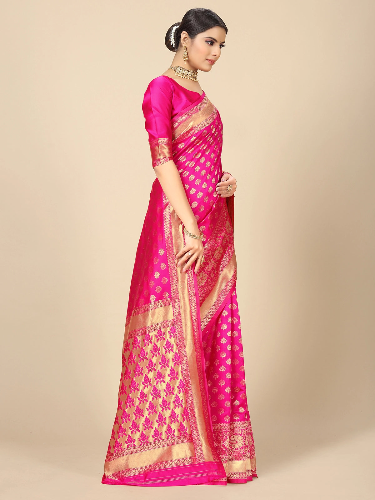 Buy Banarasi Silk Zari Work Saree With Blouse Piece-Pink