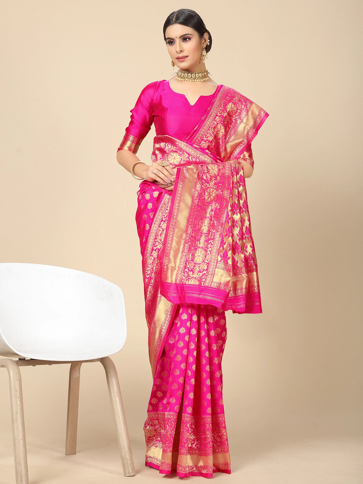 Buy Banarasi Silk Zari Work Saree With Blouse Piece-Pink