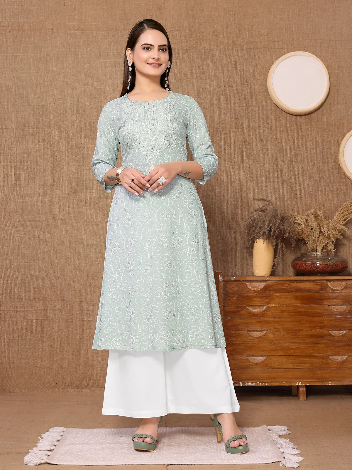 Buy Rayon Embroidered Calf Length A-line Kurta-Mint Green