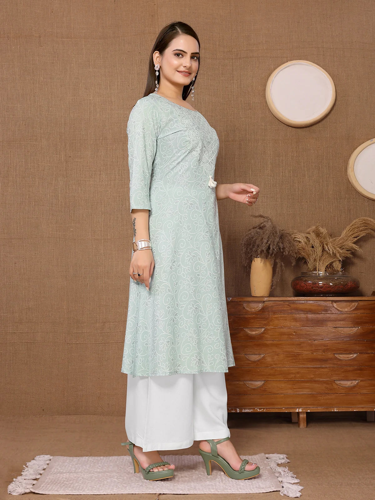 Buy Rayon Embroidered Calf Length A-line Kurta-Mint Green