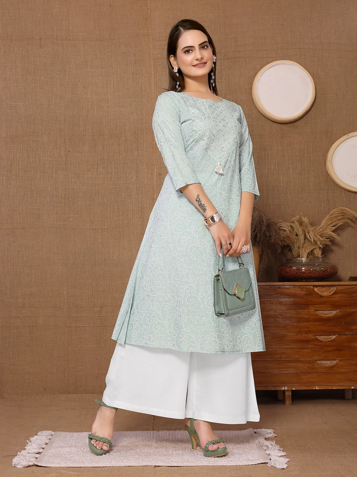 Buy Rayon Embroidered Calf Length A-line Kurta-Mint Green