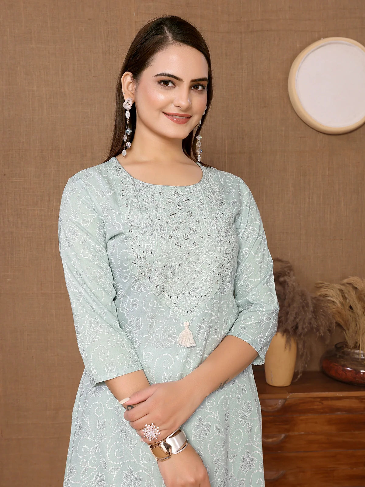 Buy Rayon Embroidered Calf Length A-line Kurta-Mint Green