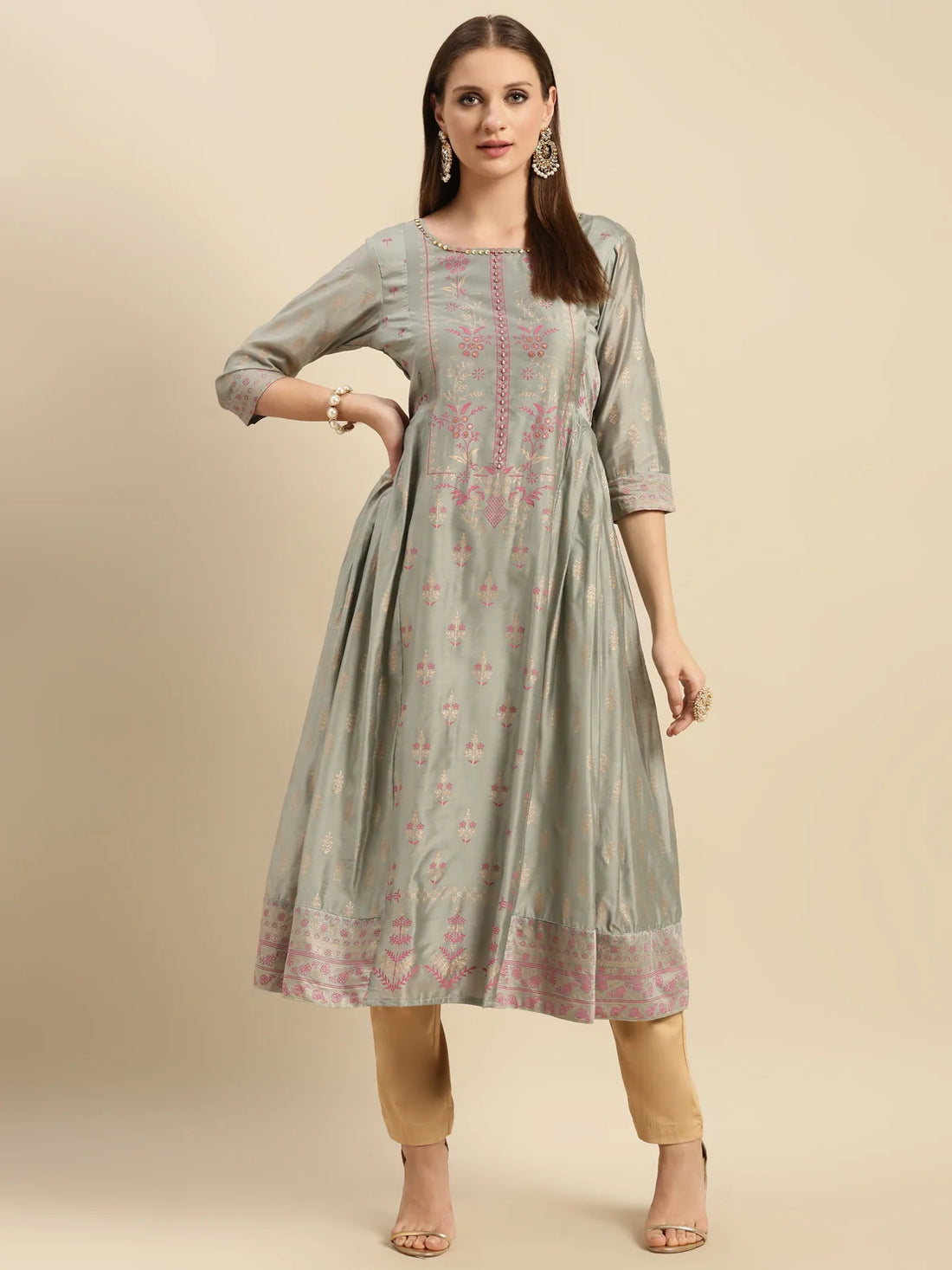 Buy Yoke Embroidered Gold Printed Calf Length Partywear Kurta With Gathers At Side-Olive