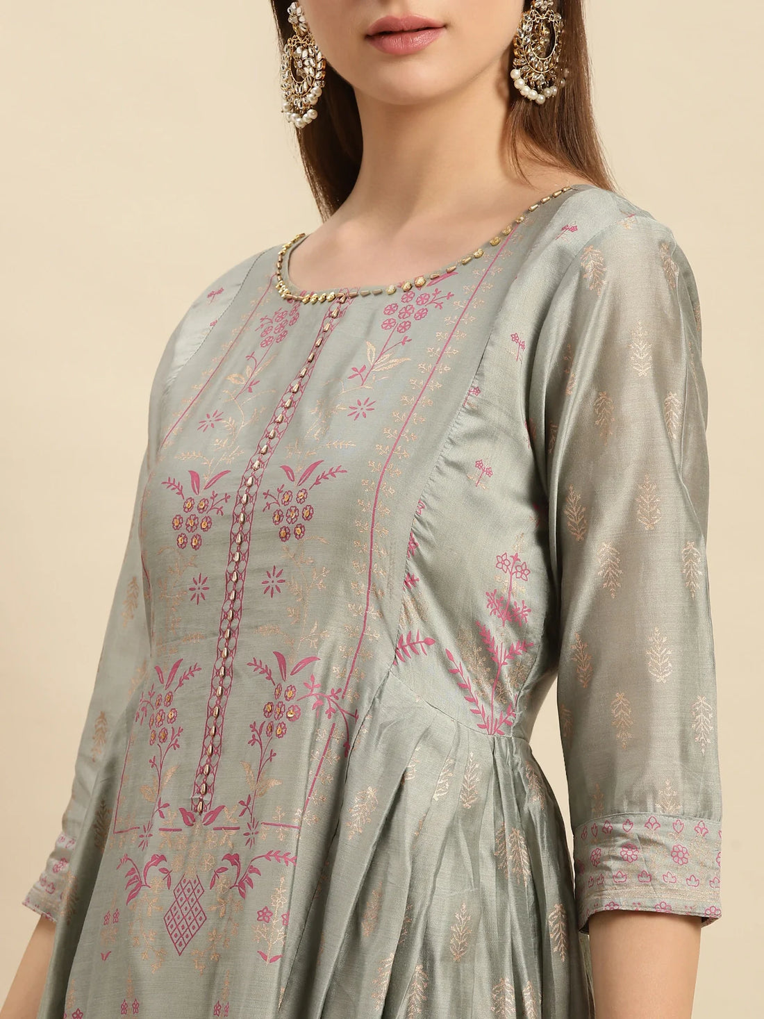 Buy Yoke Embroidered Gold Printed Calf Length Partywear Kurta With Gathers At Side-Olive