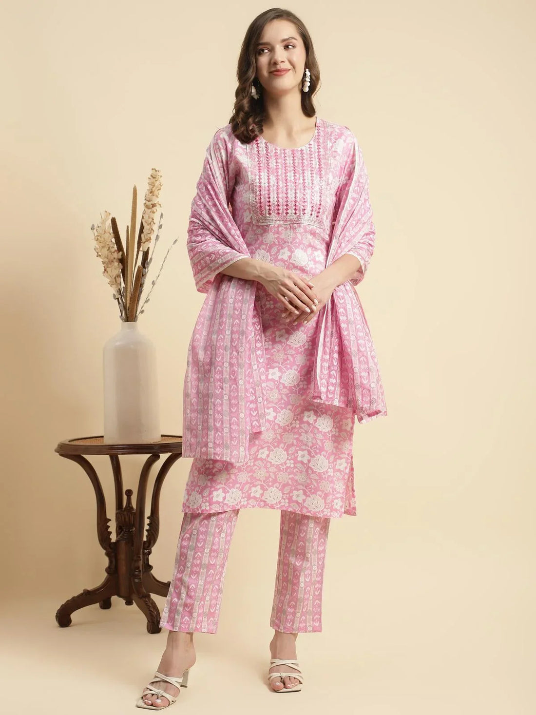 Buy Cotton Embroidered Calf Length Straight Kurta With Pant And Dupatta-Pink