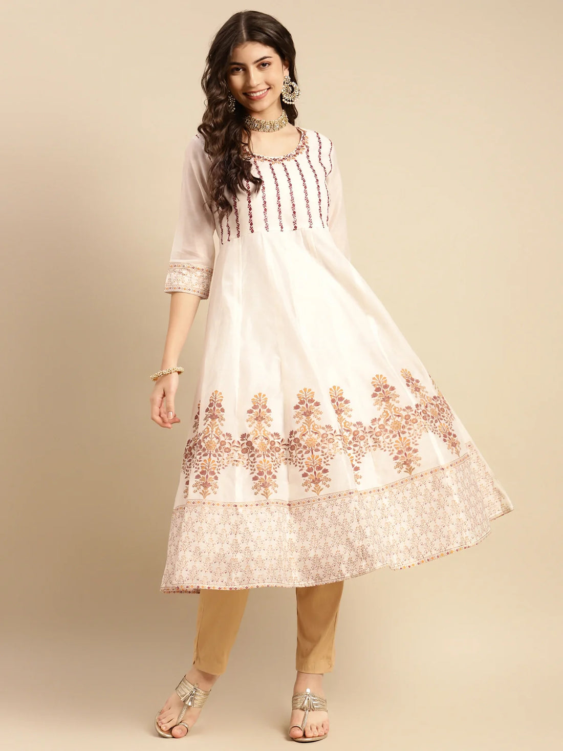 Buy Chanderi Yoke Embroidered Gold Printed Calf Length Partywear Anarkali Kurta-Off White