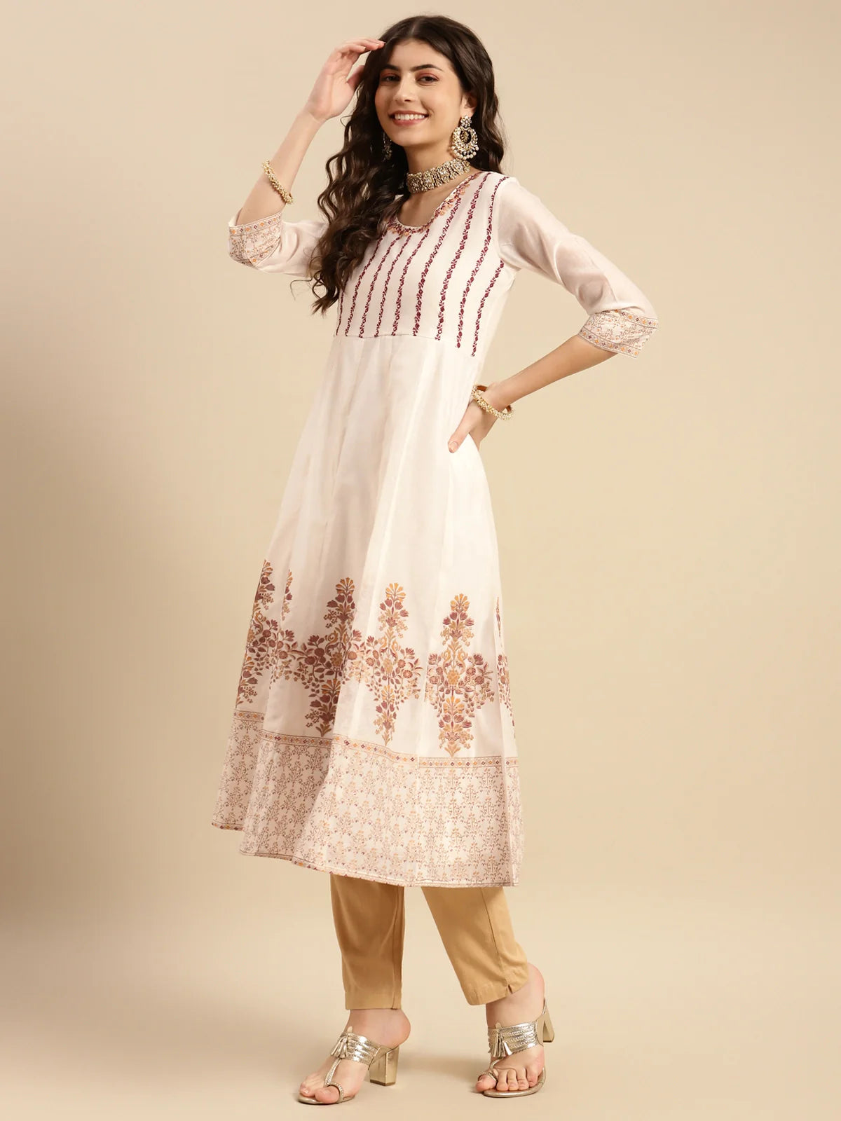 Buy Chanderi Yoke Embroidered Gold Printed Calf Length Partywear Anarkali Kurta-Off White